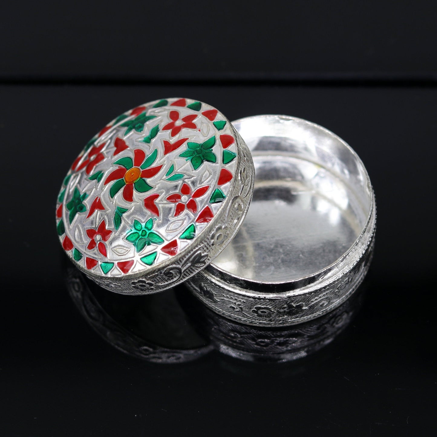 925 sterling silver trinket box, kumkum box/ casket box bridal gifts enamel jewelry box collection, container box, jewelry box art stb49 - TRIBAL ORNAMENTS