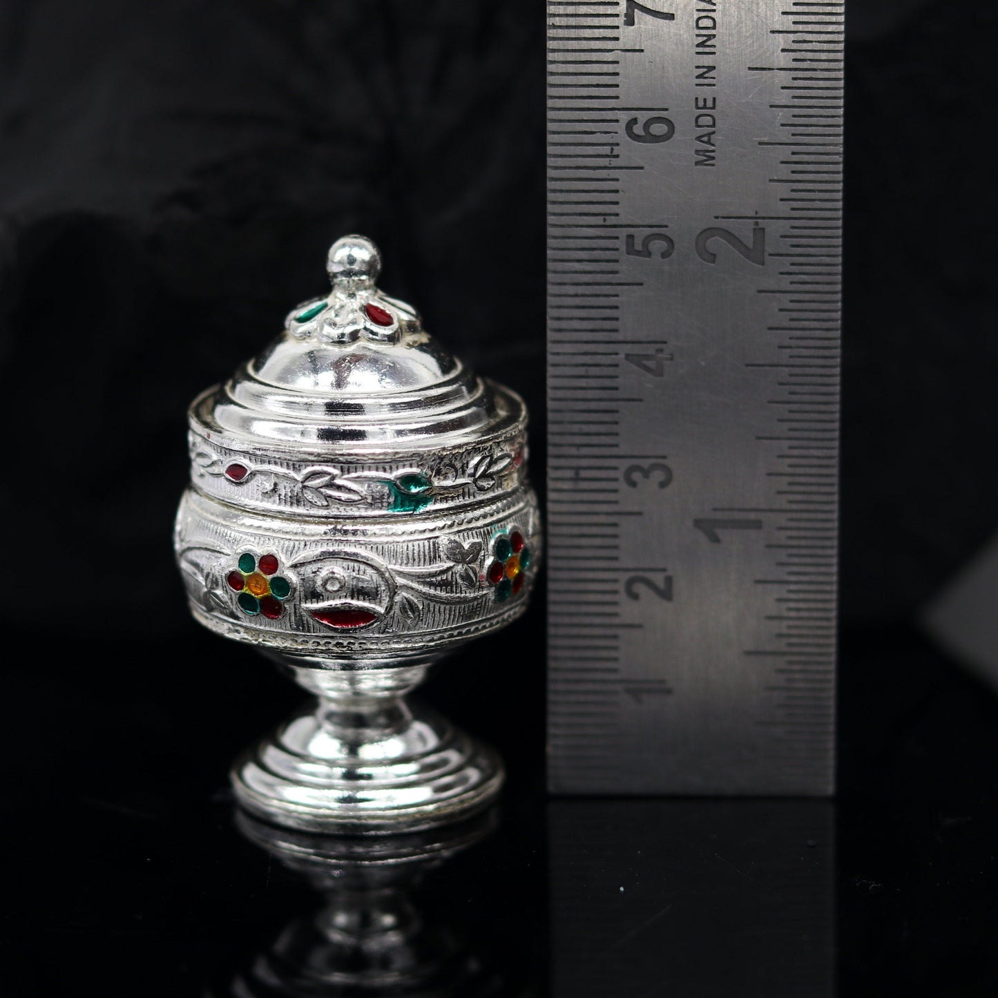 925 solid silver utensils trinket box, kumkum box/casket box bridal gifts enamel work box, container box, jewelry box, silver utensils stb67 - TRIBAL ORNAMENTS