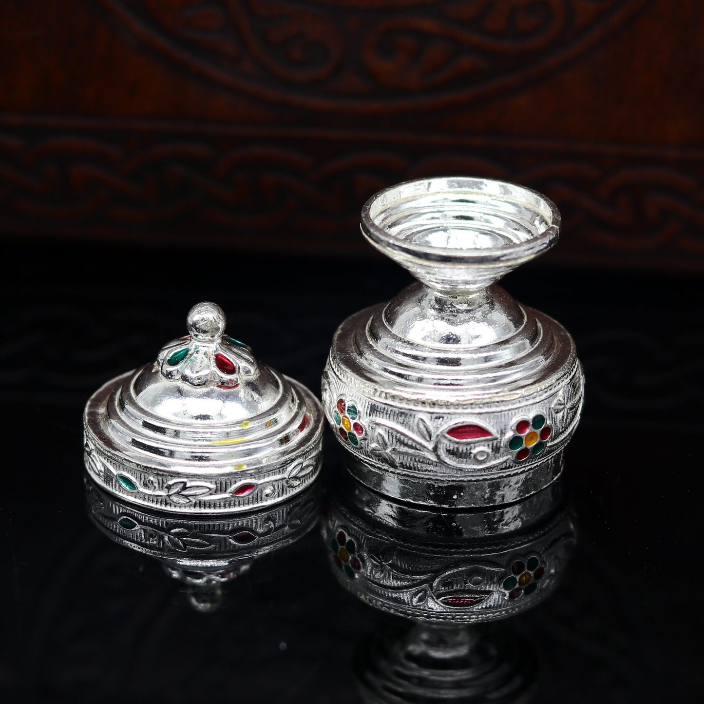 925 solid silver utensils trinket box, kumkum box/casket box bridal gifts enamel work box, container box, jewelry box, silver utensils stb67 - TRIBAL ORNAMENTS