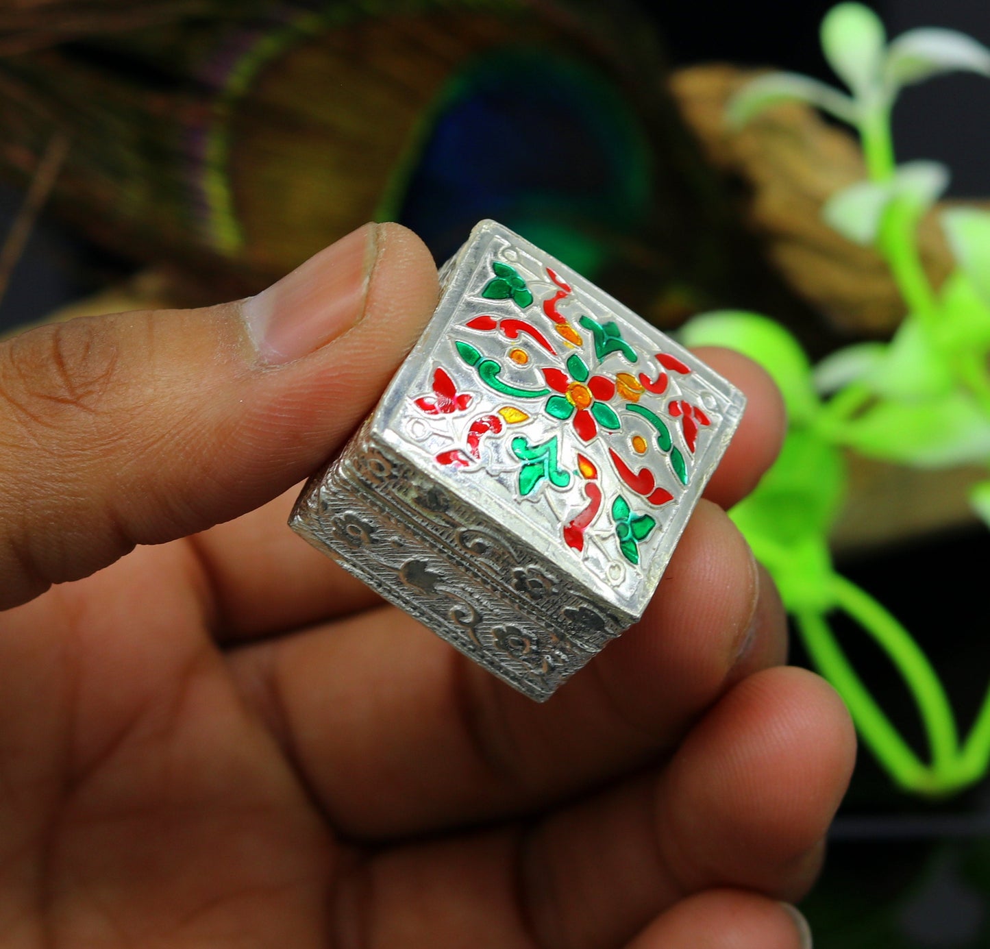Enamel floral work square shape 925 solid silver utensils trinket box, casket box, container box, jewelry box, silver utensils, vessel stb50 - TRIBAL ORNAMENTS