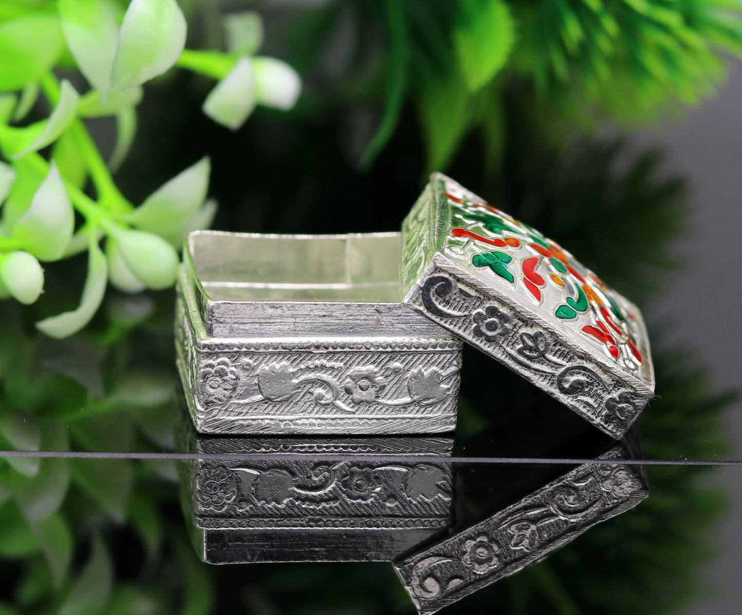Enamel floral work square shape 925 solid silver utensils trinket box, casket box, container box, jewelry box, silver utensils, vessel stb50 - TRIBAL ORNAMENTS