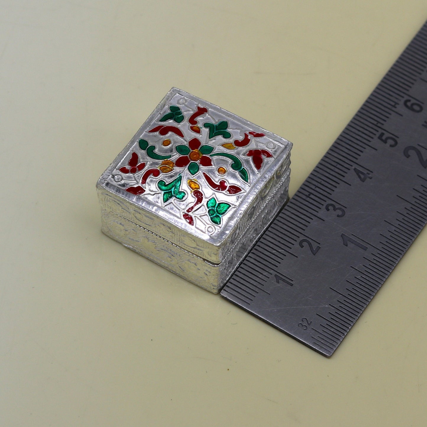 Enamel floral work square shape 925 solid silver utensils trinket box, casket box, container box, jewelry box, silver utensils, vessel stb50 - TRIBAL ORNAMENTS