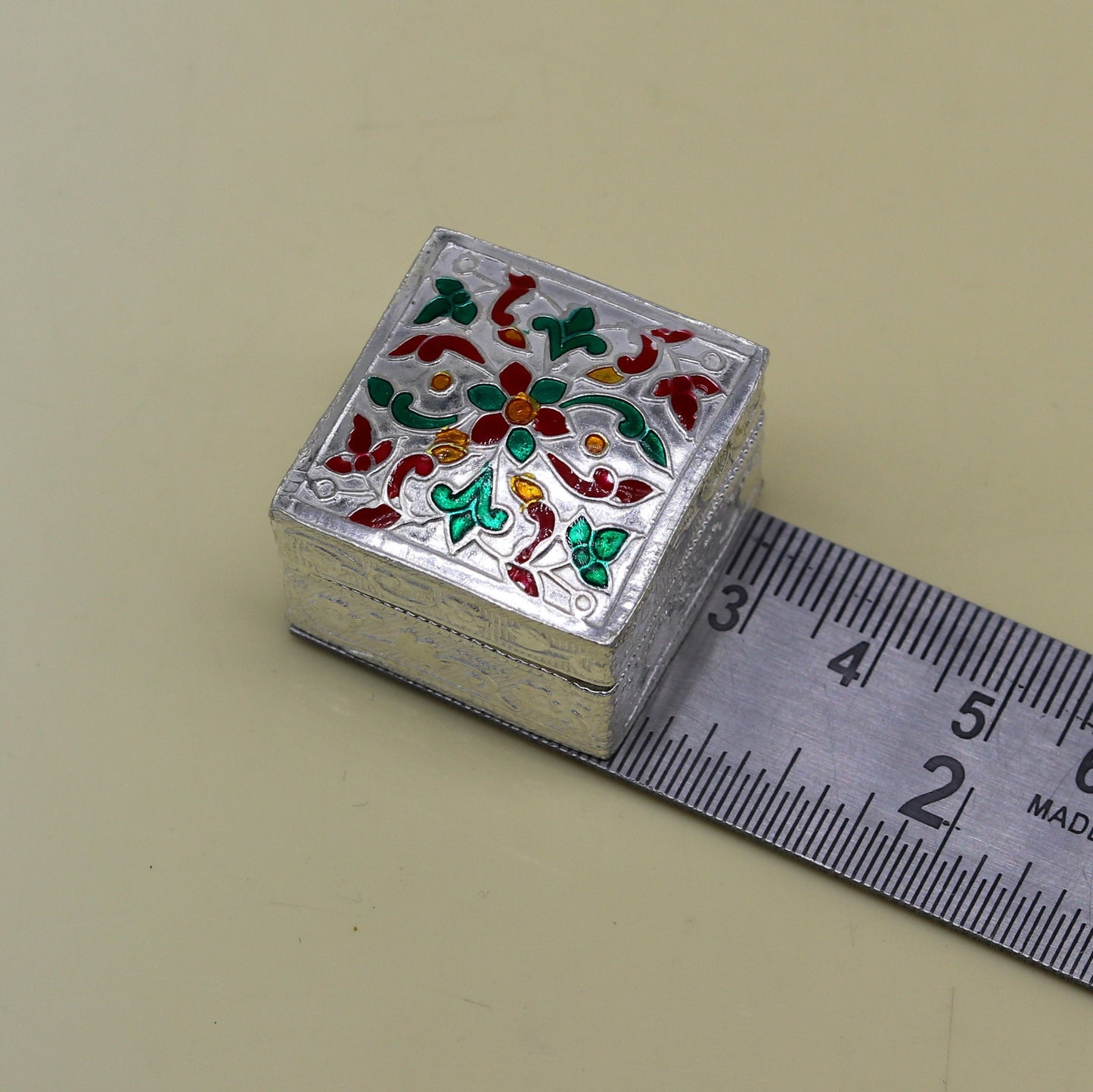 Enamel floral work square shape 925 solid silver utensils trinket box, casket box, container box, jewelry box, silver utensils, vessel stb50 - TRIBAL ORNAMENTS