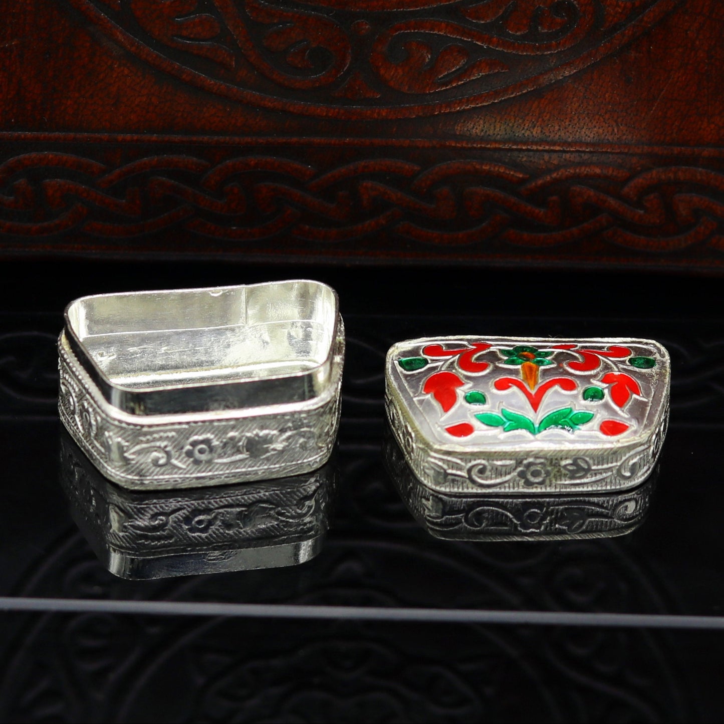 Enamel floral work 925 solid silver utensils trinket box, casket box, container box, jewelry box, silver utensils, vessels bridal gift stb60 - TRIBAL ORNAMENTS
