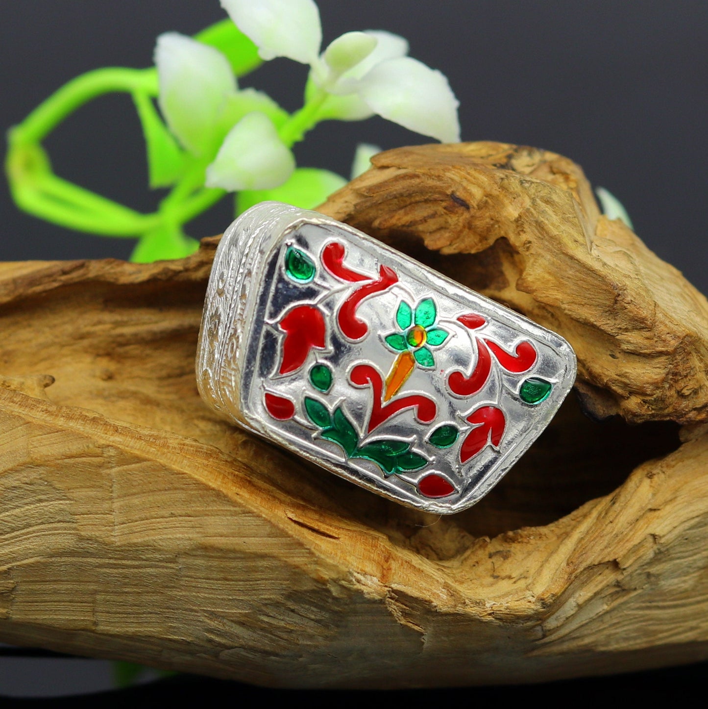 Enamel floral work 925 solid silver utensils trinket box, casket box, container box, jewelry box, silver utensils, vessels bridal gift stb60 - TRIBAL ORNAMENTS