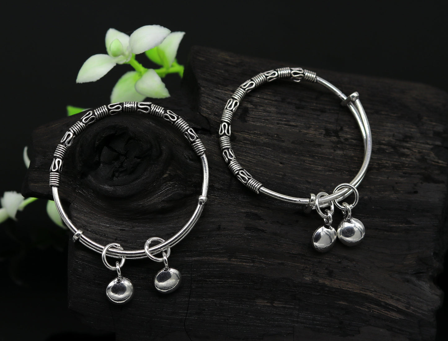 Exclusive stylish 925 sterling silver adjustable charm baby bangles kada, silver new born kids jewelry, oxidized jewelry bbk67 - TRIBAL ORNAMENTS