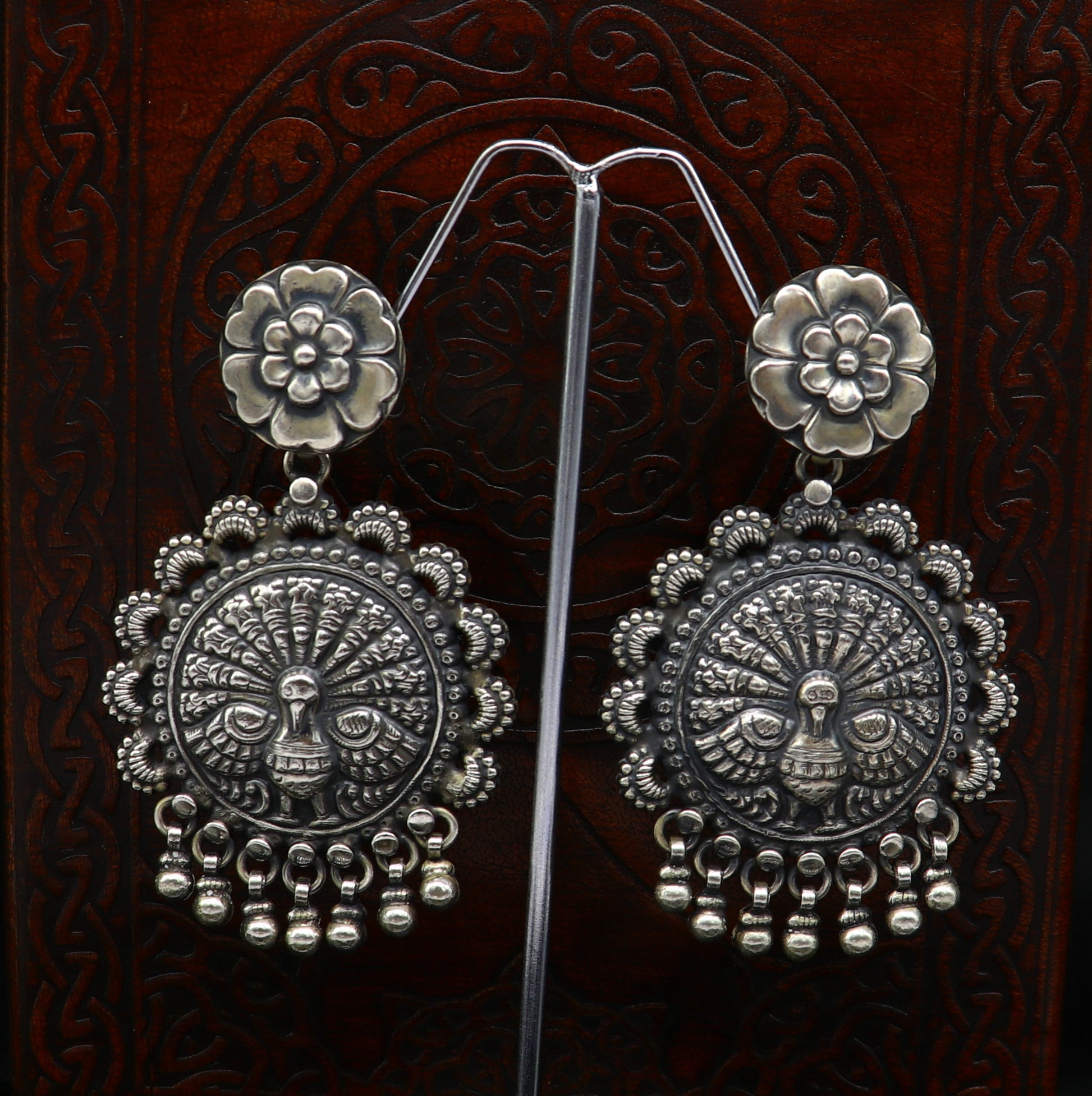 925 sterling silver handmade customized peacock design stud earring, hanging drops pearl, drop dangle wedding brides gift earring ear515 - TRIBAL ORNAMENTS