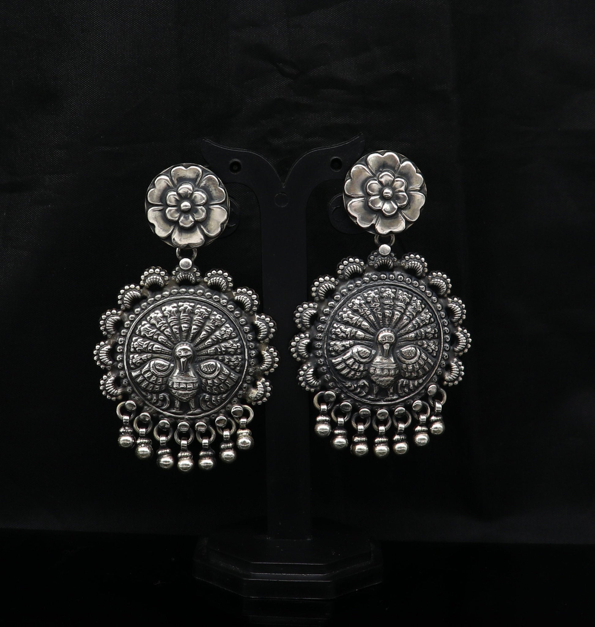 925 sterling silver handmade customized peacock design stud earring, hanging drops pearl, drop dangle wedding brides gift earring ear515 - TRIBAL ORNAMENTS