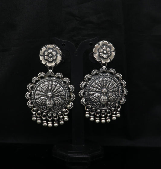 925 sterling silver handmade customized peacock design stud earring, hanging drops pearl, drop dangle wedding brides gift earring ear515 - TRIBAL ORNAMENTS