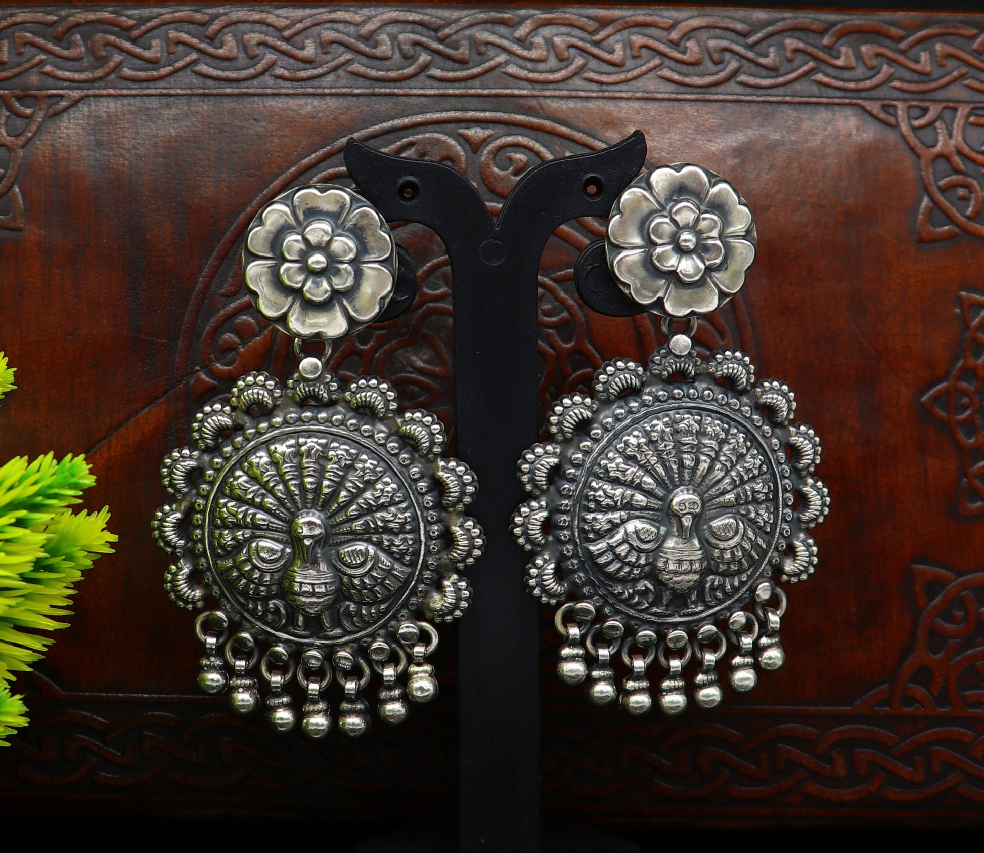 925 sterling silver handmade customized peacock design stud earring, hanging drops pearl, drop dangle wedding brides gift earring ear515 - TRIBAL ORNAMENTS