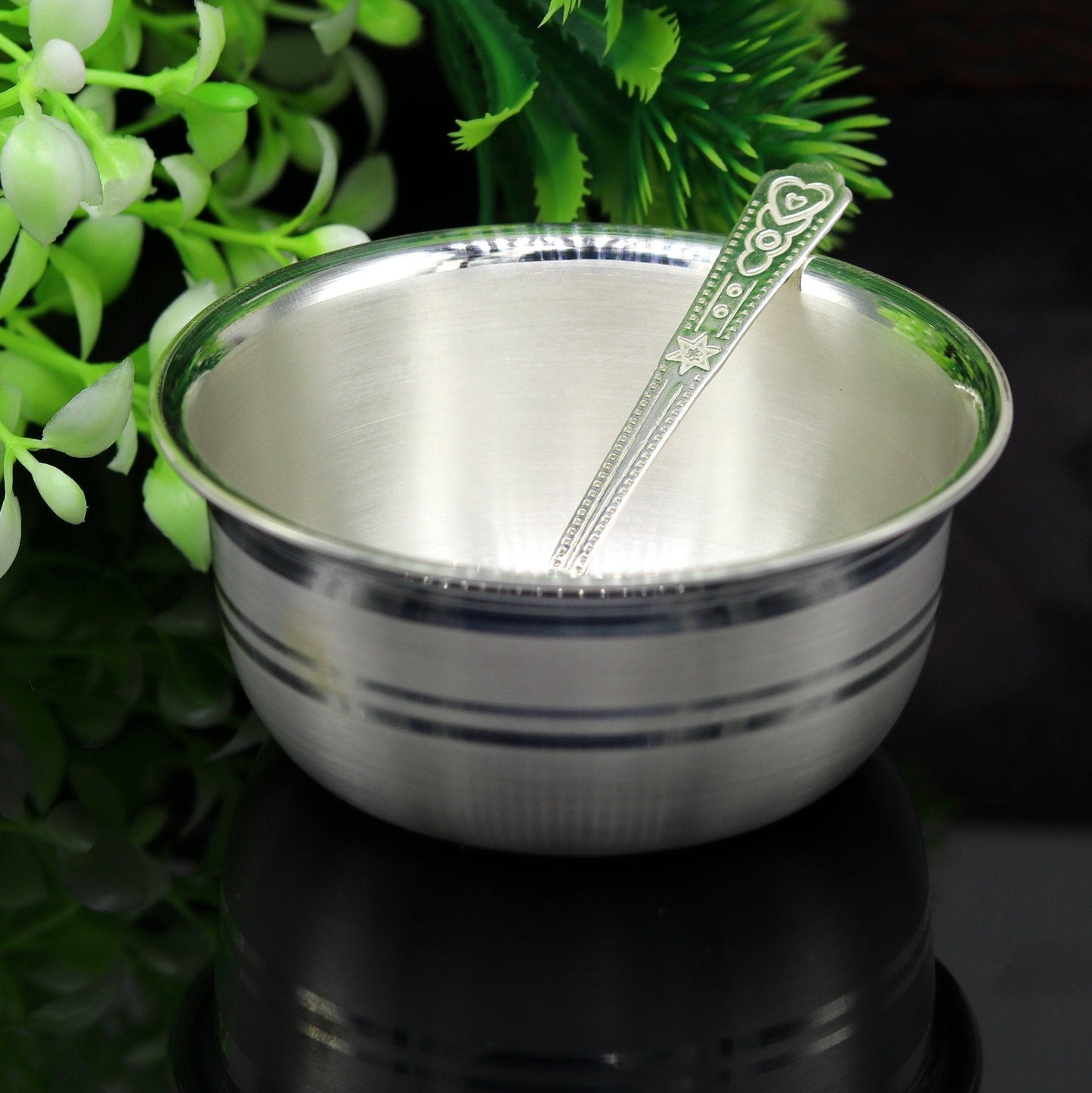 999 pure silver handmade solid bowl and spoon, table serving bowl, silver vessels, food serving utensils, silver kitchen art baby set sv85 - TRIBAL ORNAMENTS