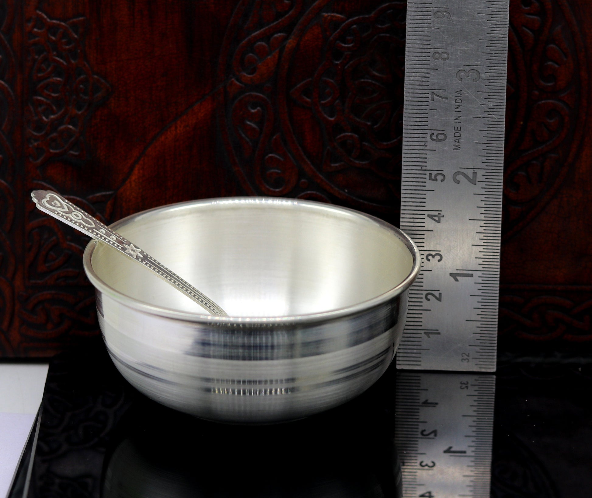 999 solid pure silver handmade bowl and spoon, table serving bowl, silver vessel, baby feeding utensils, silver kitchen art baby set sv86 - TRIBAL ORNAMENTS