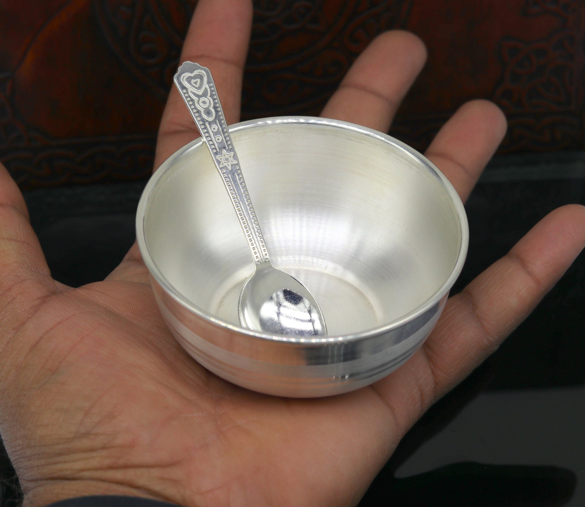 999 solid pure silver handmade bowl and spoon, table serving bowl, silver vessel, baby feeding utensils, silver kitchen art baby set sv86 - TRIBAL ORNAMENTS