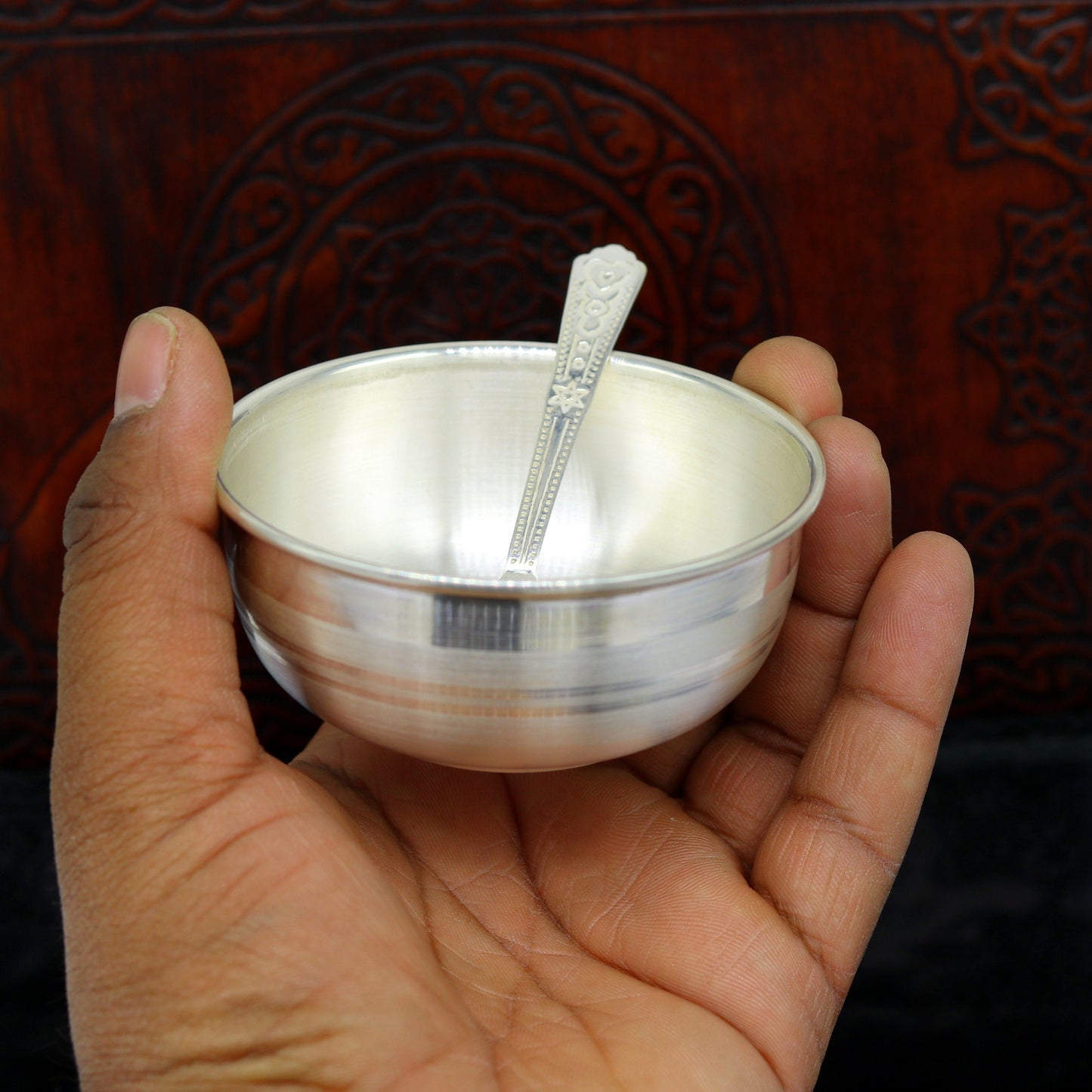 999 solid pure silver handmade bowl and spoon, table serving bowl, silver vessel, baby feeding utensils, silver kitchen art baby set sv86 - TRIBAL ORNAMENTS