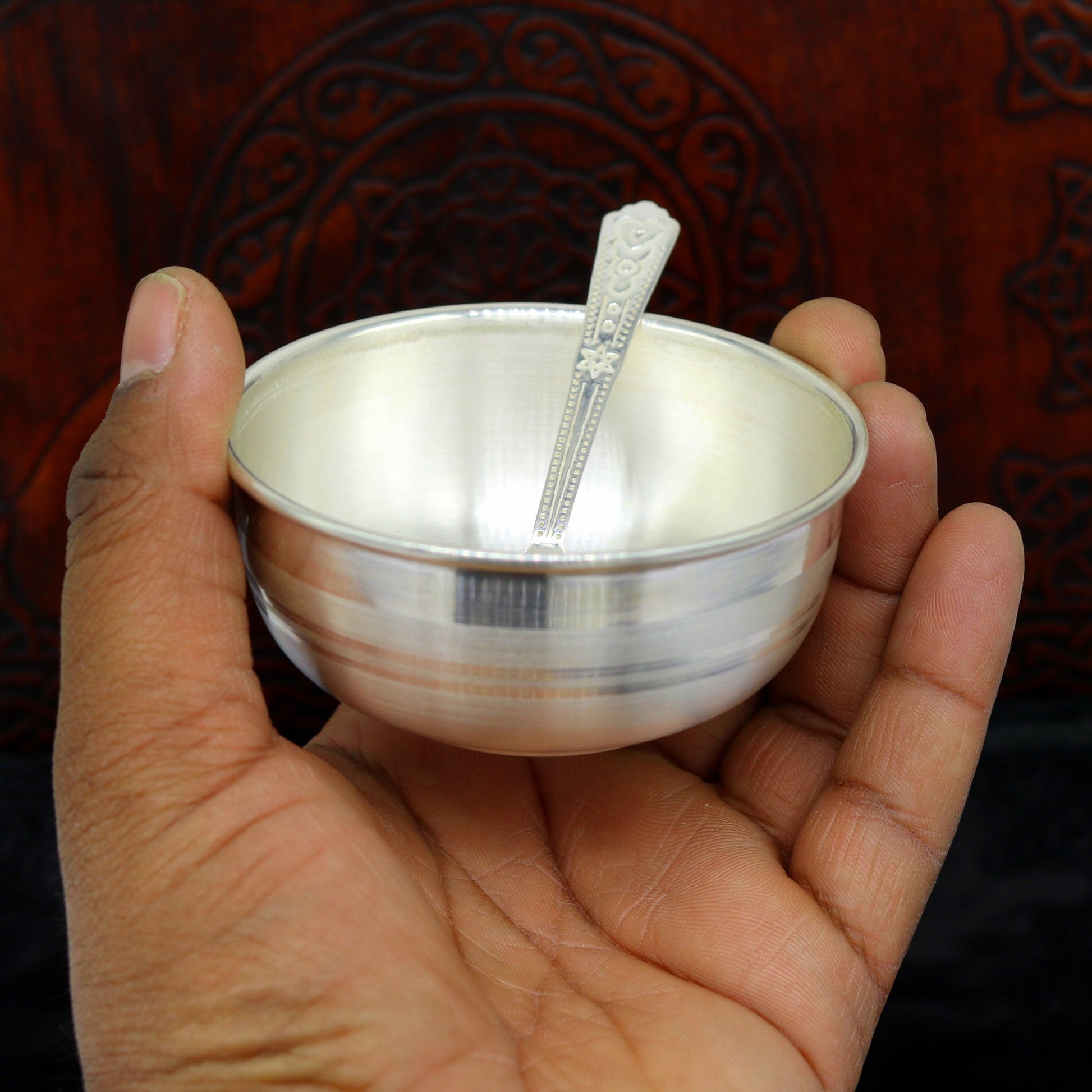 999 solid pure silver handmade utensils bowl and spoon, table serving bowl, silver vessel, baby feeding, silver kitchen art baby set sv88 - TRIBAL ORNAMENTS