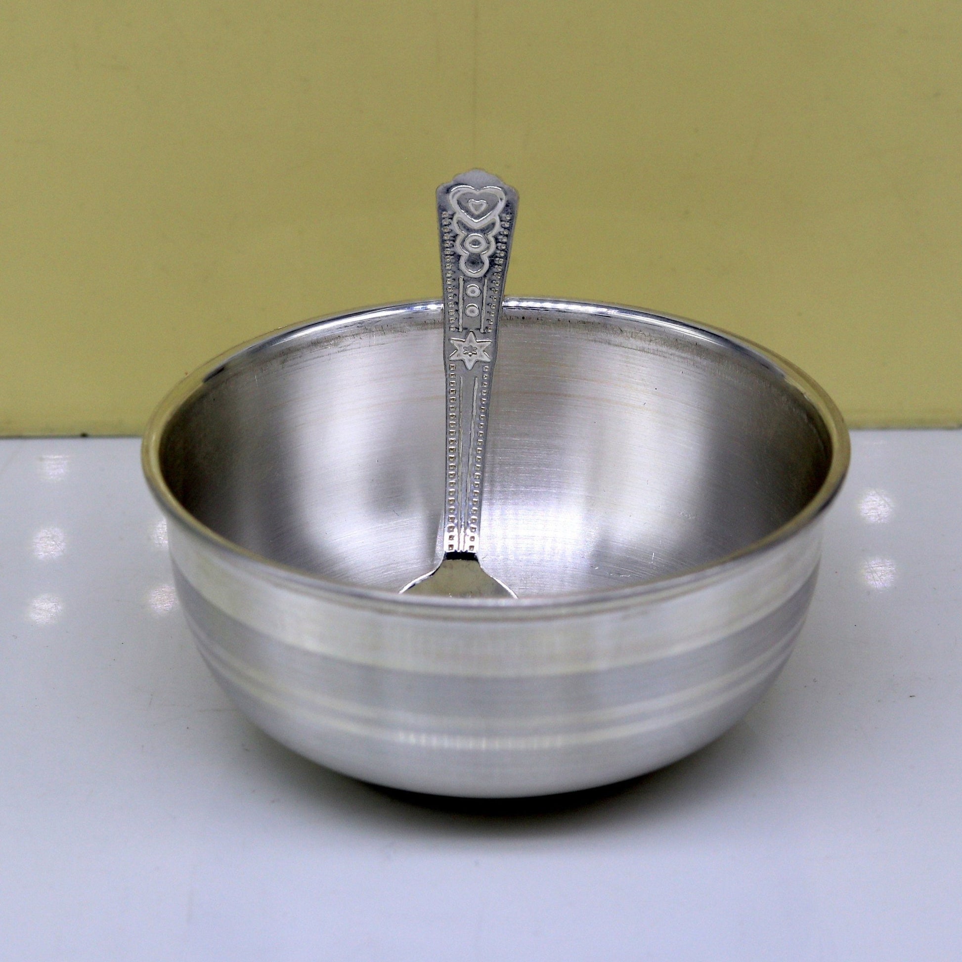 999 solid pure silver handmade bowl and spoon, table serving bowl, silver vessel, baby feeding utensils, silver kitchen art baby set sv86 - TRIBAL ORNAMENTS