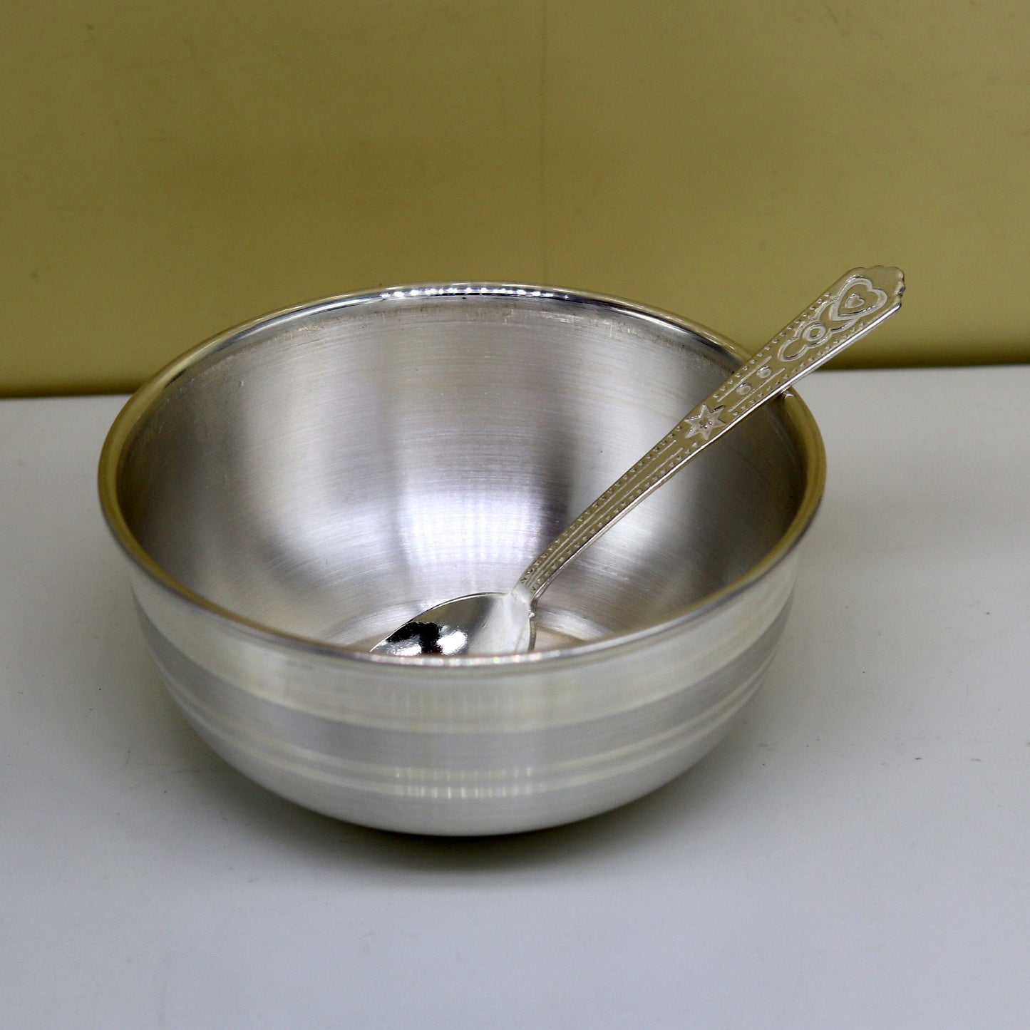999 solid pure silver handmade bowl and spoon, table serving bowl, silver vessel, baby feeding utensils, silver kitchen art baby set sv86 - TRIBAL ORNAMENTS