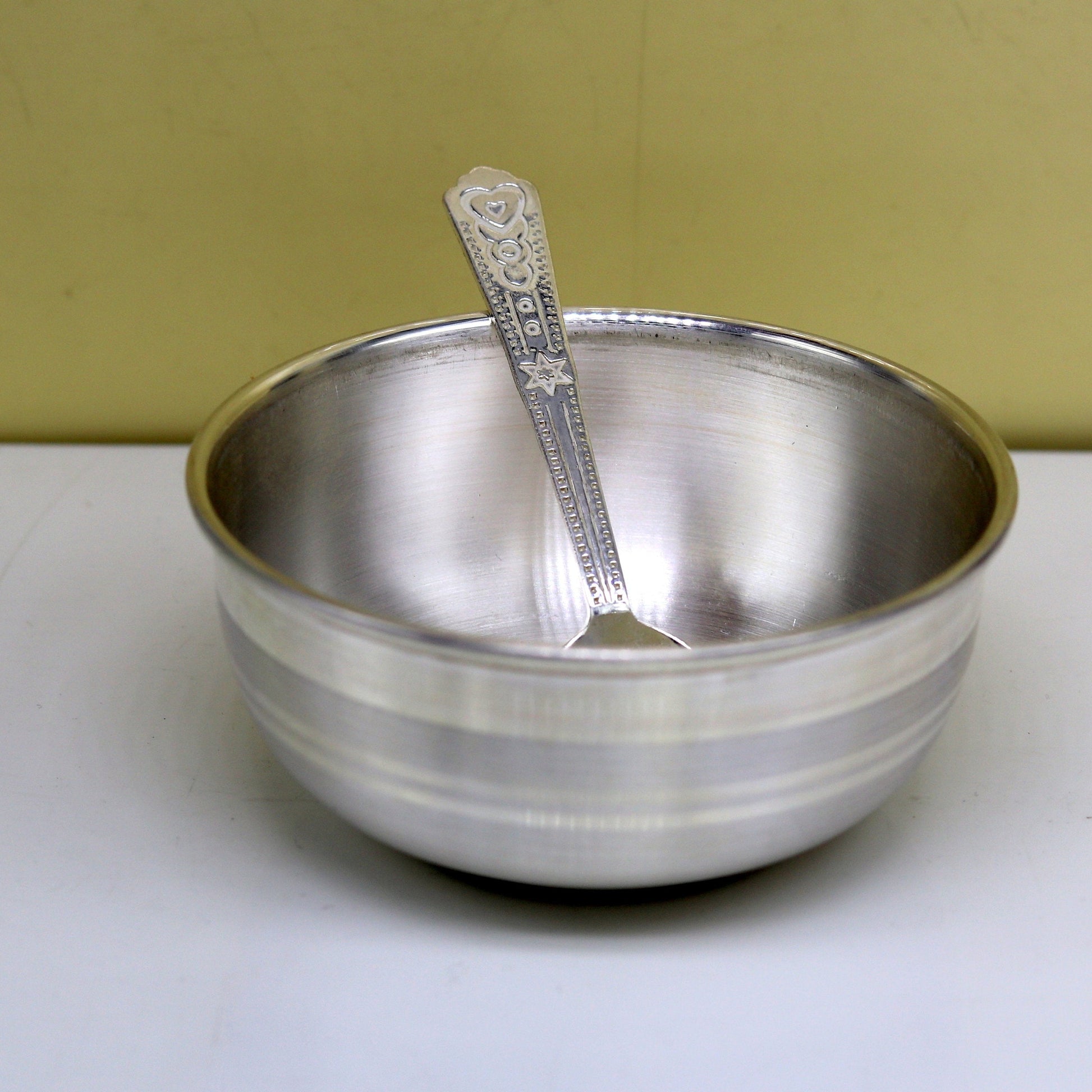 999 solid pure silver handmade utensils bowl and spoon, table serving bowl, silver vessel, baby feeding, silver kitchen art baby set sv88 - TRIBAL ORNAMENTS
