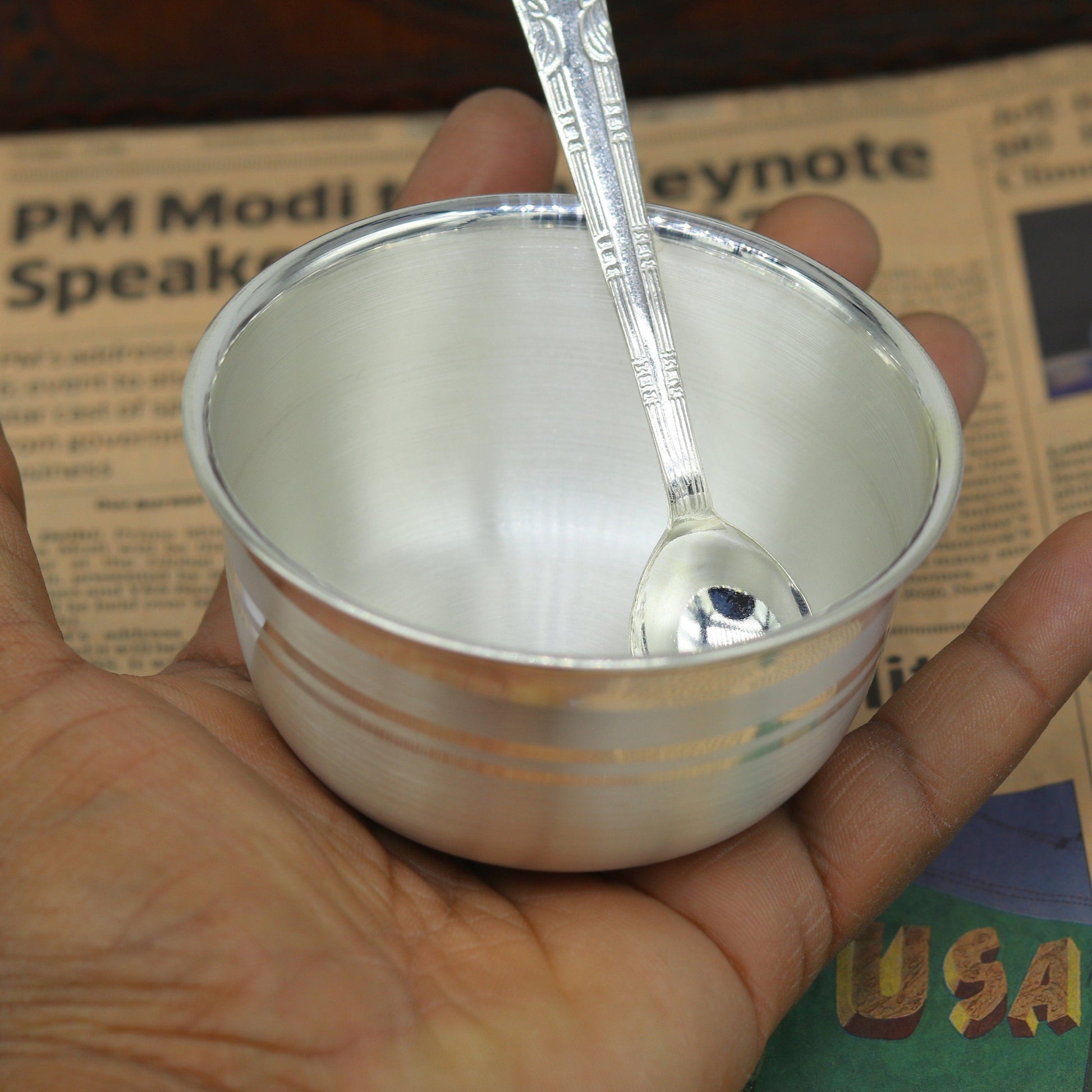 Elegant 999 solid pure silver handmade utensils bowl and spoon, kitchen serving bowl, silver vessel, baby feeding, baby healthy tumbler sv91 - TRIBAL ORNAMENTS