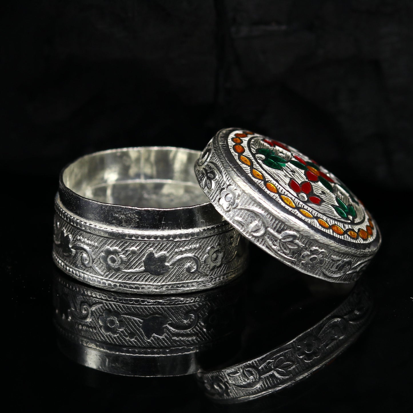 Customized flower work 925 sterling silver trinket box, container box, small jewelry box, Vermilion bridal box, gifting ring box stb58 - TRIBAL ORNAMENTS