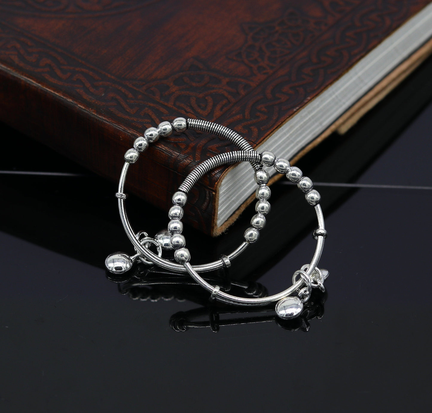 925 sterling silver handmade beaded design adjustable baby bangle bracelet, hangings charm bangles unisex personalized kids jewelry bbk75 - TRIBAL ORNAMENTS