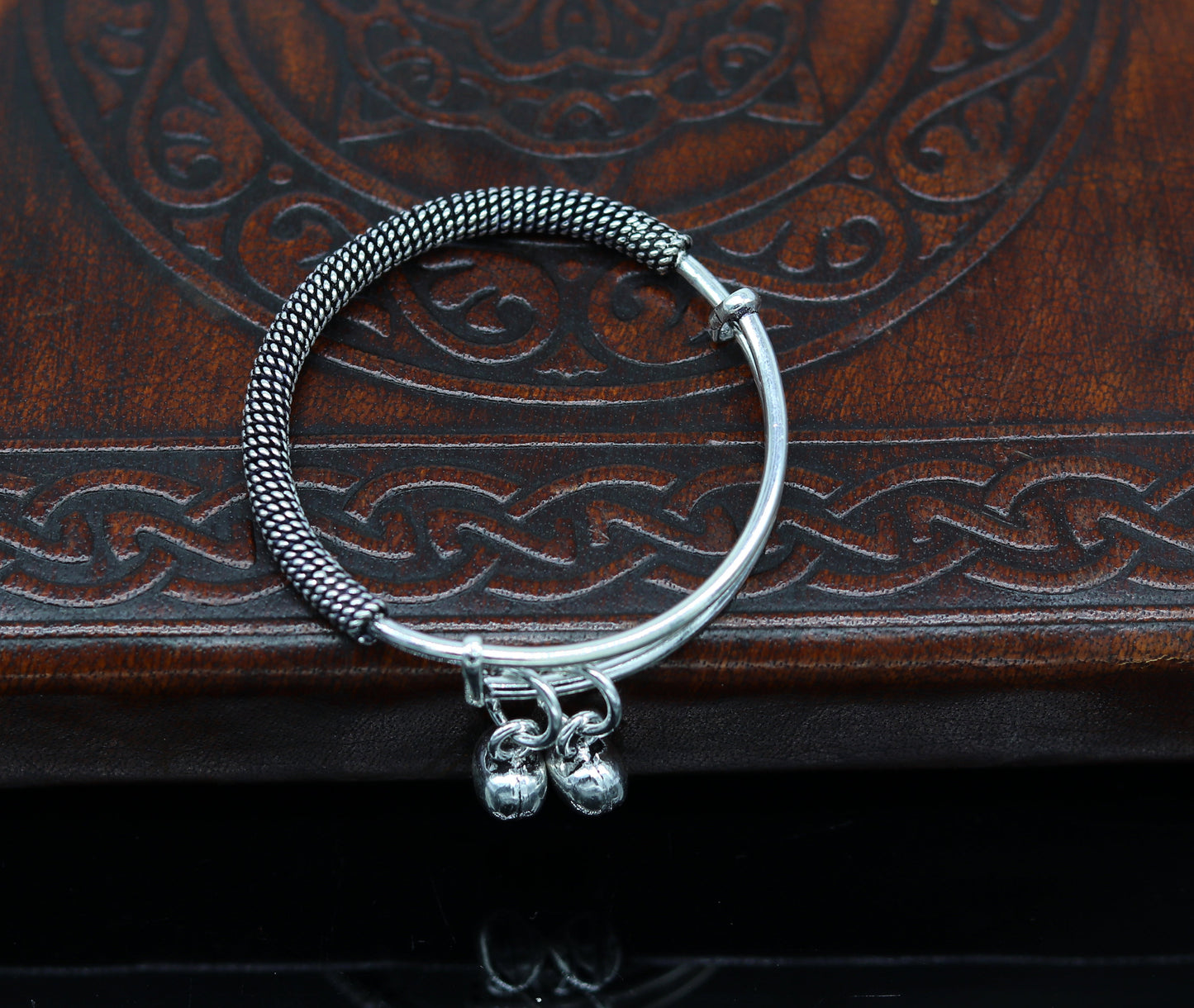 Stylish charm oxidized 925 sterling silver adjustable baby solid bangle bracelet, charm bangle, tribal unisex kids jewelry bbk84 - TRIBAL ORNAMENTS