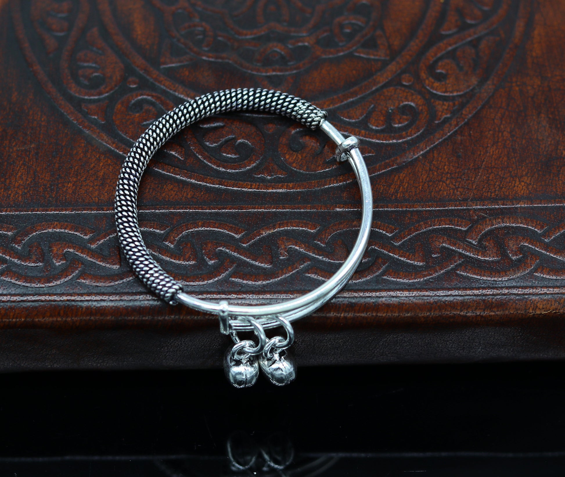 Stylish charm oxidized 925 sterling silver adjustable baby solid bangle bracelet, charm bangle, tribal unisex kids jewelry bbk84 - TRIBAL ORNAMENTS