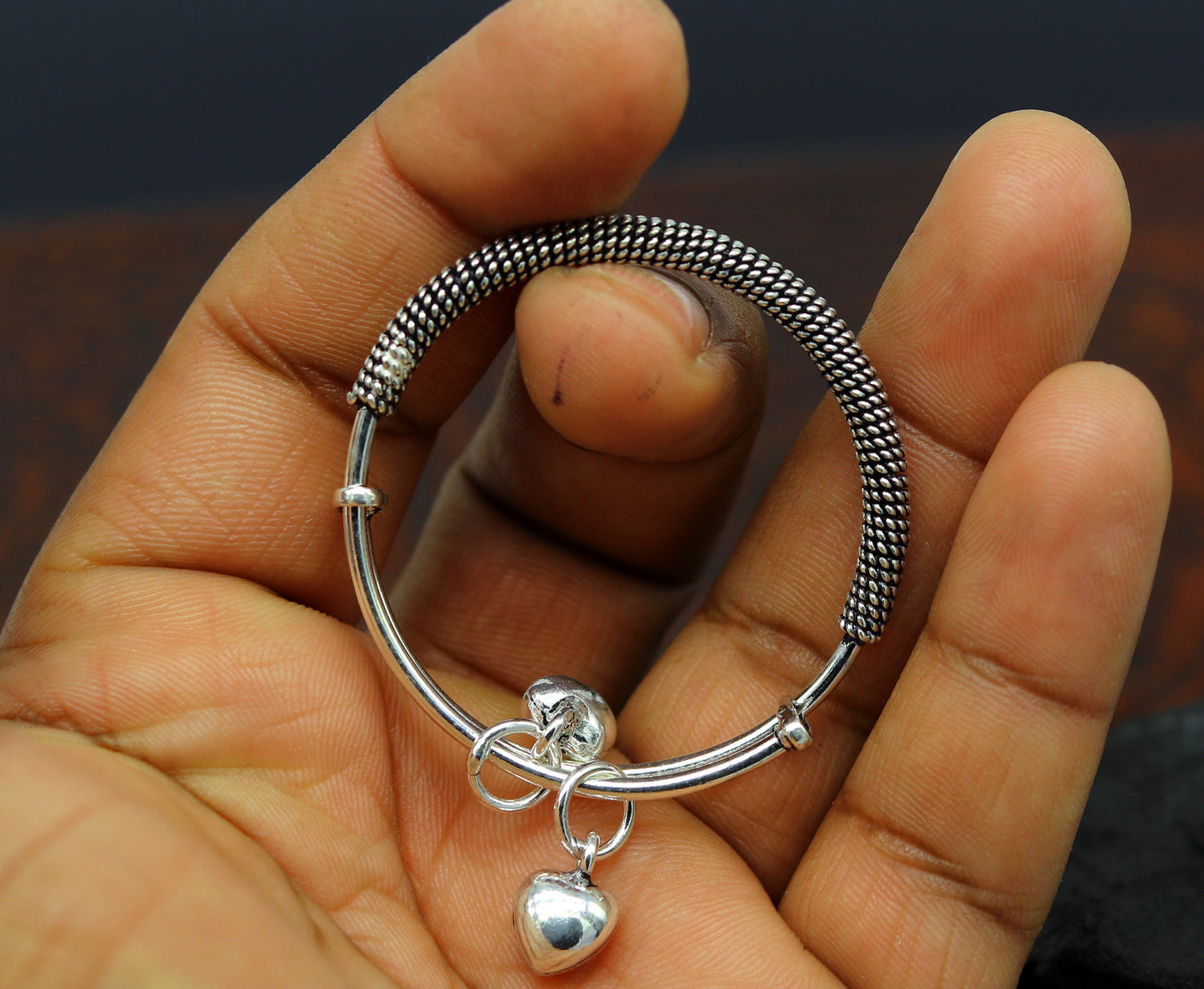 Stylish charm oxidized 925 sterling silver adjustable baby solid bangle bracelet, charm bangle, tribal unisex kids jewelry bbk84 - TRIBAL ORNAMENTS