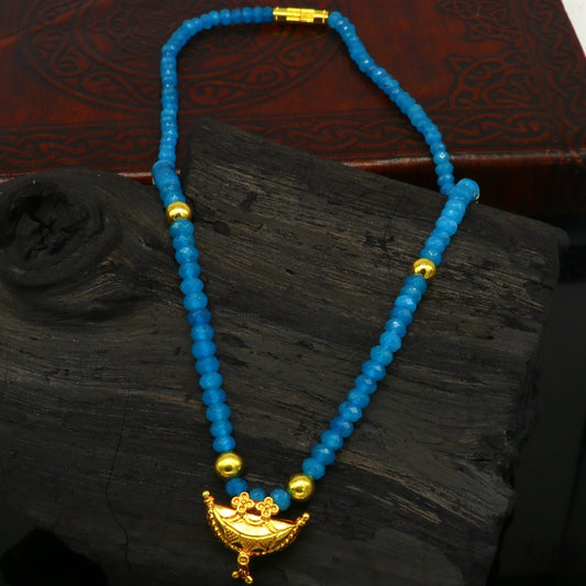 18" faceted blue color beaded necklace, 20kt yellow gold amulet stylish pendant, vintage customized brides gift tribal ethnic jewelry ap07 - TRIBAL ORNAMENTS