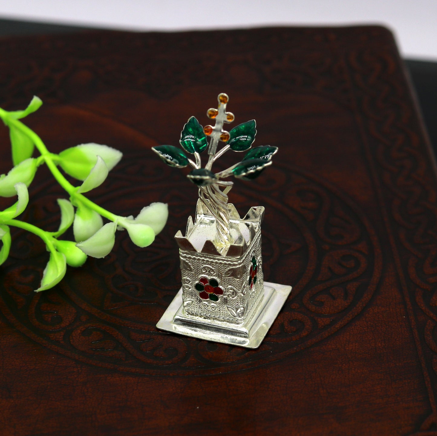 925 sterling silver handmade mini tulsi plant basil rosary plant for puja temple article, excellent customized silver utensils article su16 - TRIBAL ORNAMENTS