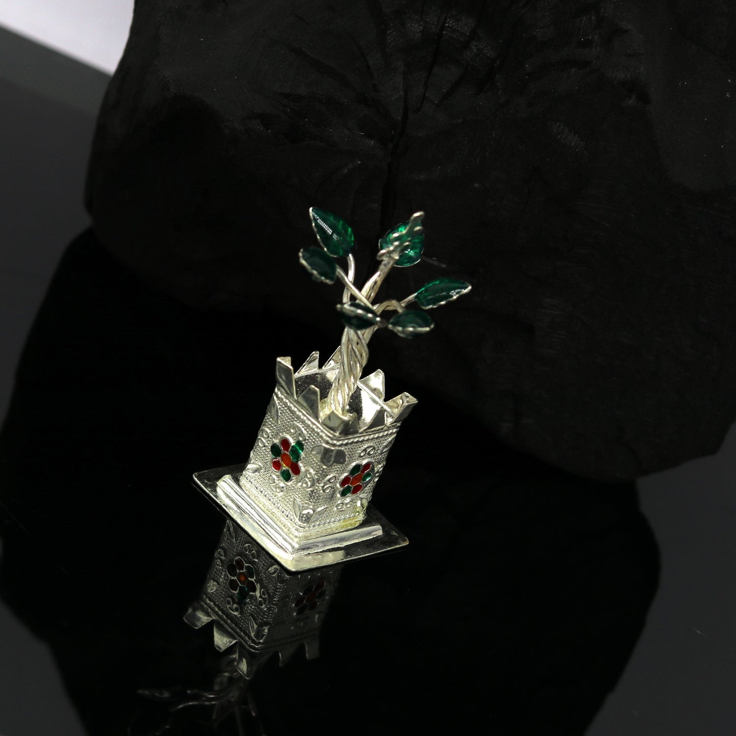925 sterling silver handmade mini tulsi plant basil rosary plant for puja temple article, excellent customized silver utensils article su16 - TRIBAL ORNAMENTS