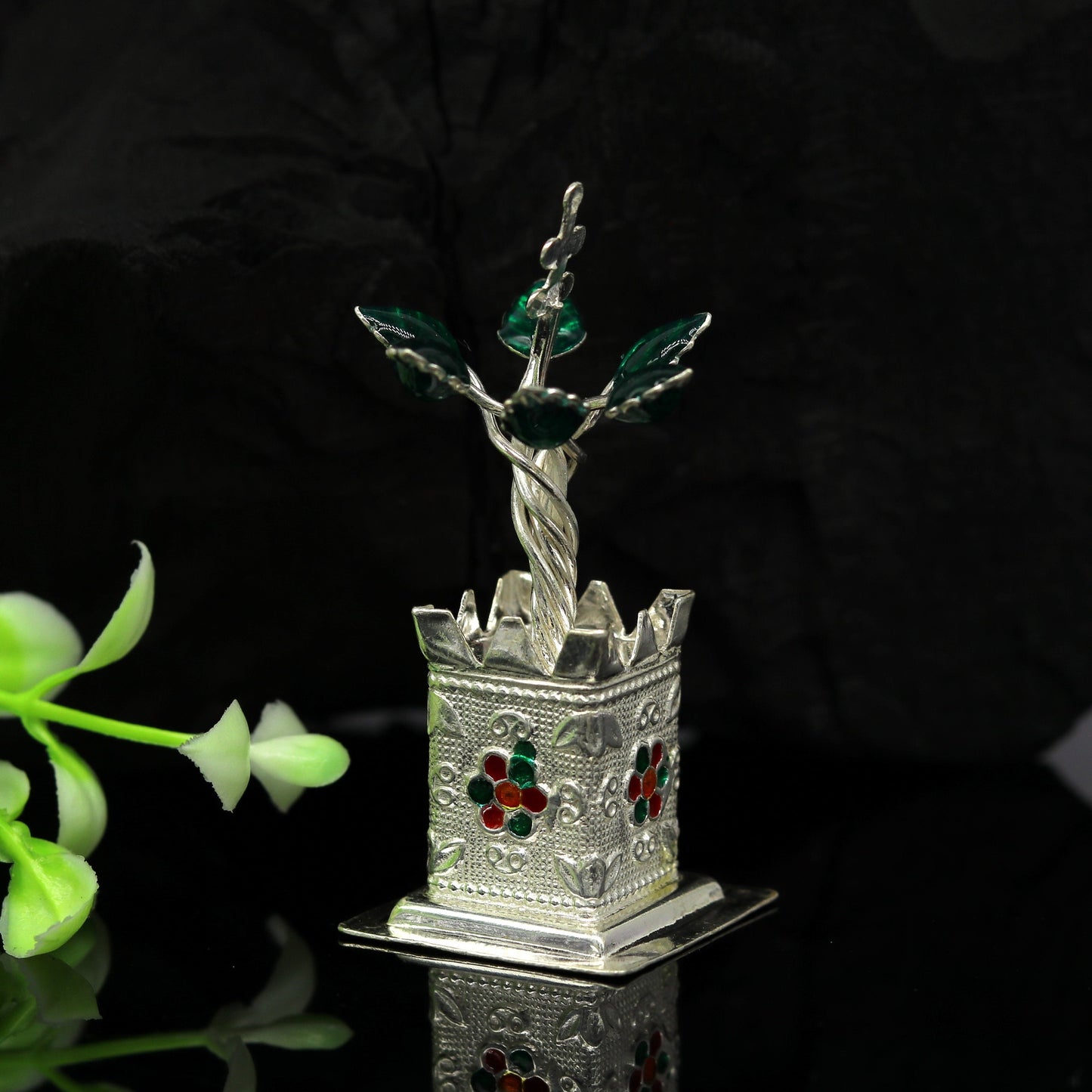 925 sterling silver handmade mini tulsi plant basil rosary plant for puja temple article, excellent customized silver utensils article su16 - TRIBAL ORNAMENTS