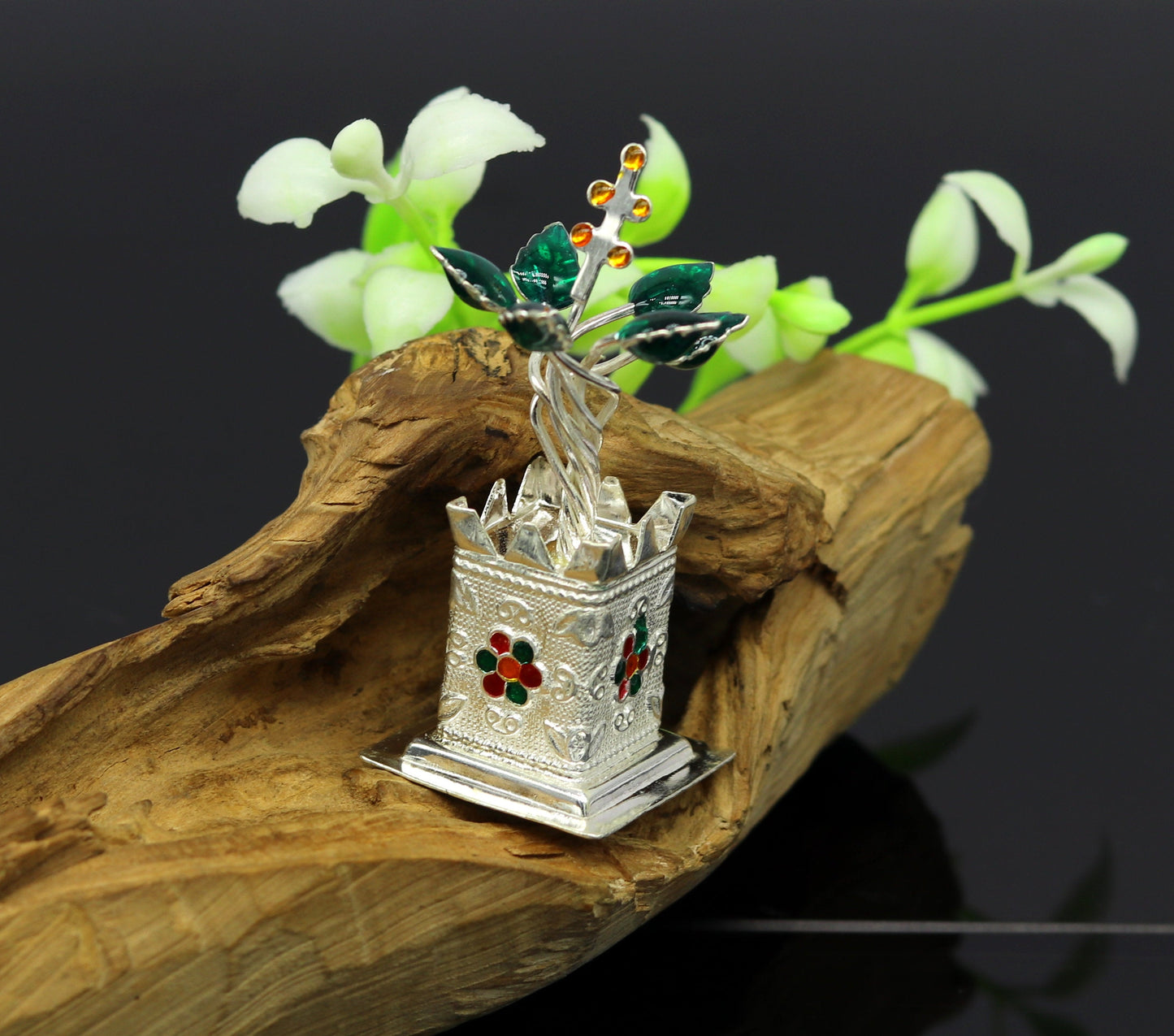 925 sterling silver handmade mini tulsi plant basil rosary plant for puja temple article, excellent customized silver utensils article su16 - TRIBAL ORNAMENTS