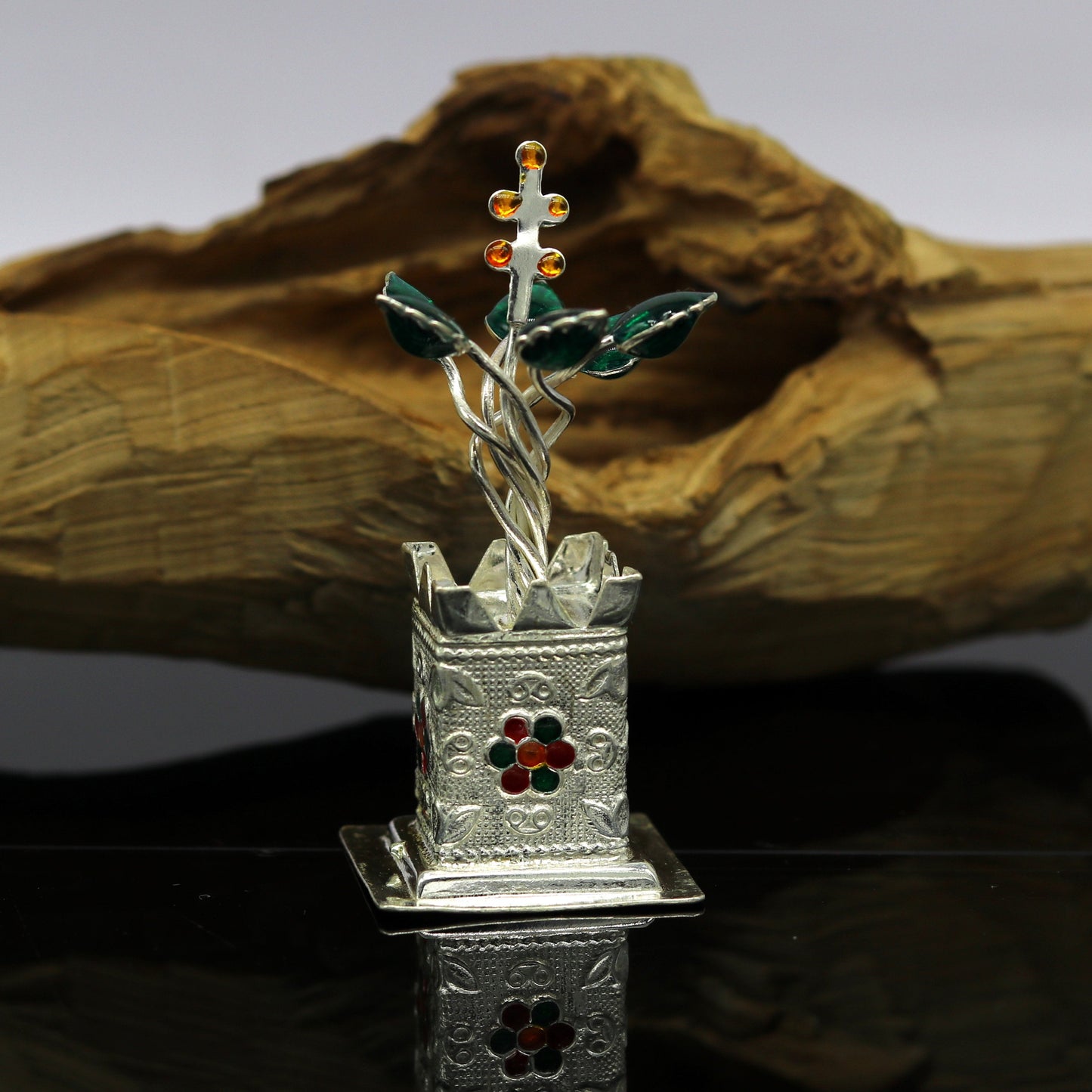 925 sterling silver handmade mini tulsi plant basil rosary plant for puja temple article, excellent customized silver utensils article su16 - TRIBAL ORNAMENTS