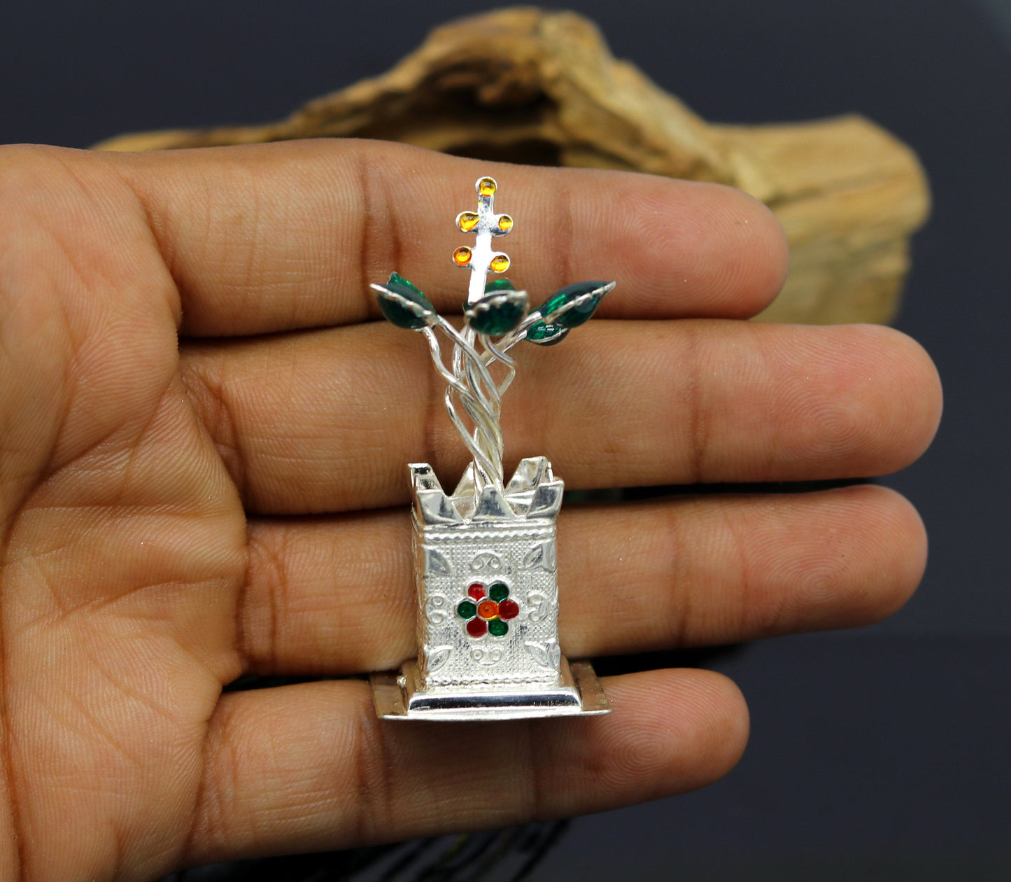 925 sterling silver handmade mini tulsi plant basil rosary plant for puja temple article, excellent customized silver utensils article su16 - TRIBAL ORNAMENTS