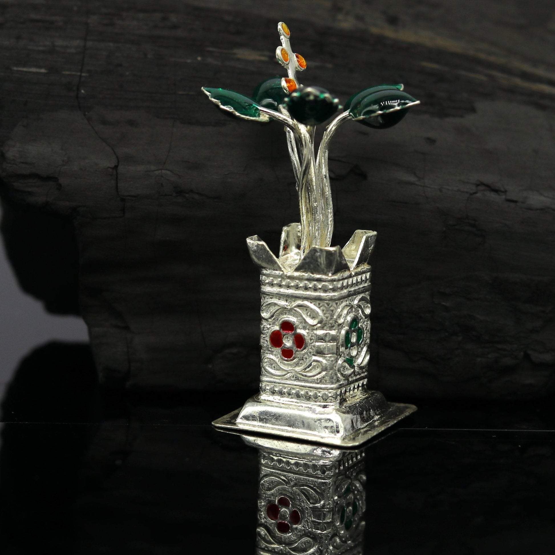 925 sterling silver handmade mini tulsi plant basil rosary plant for puja temple article, excellent customized silver utensils article su18 - TRIBAL ORNAMENTS
