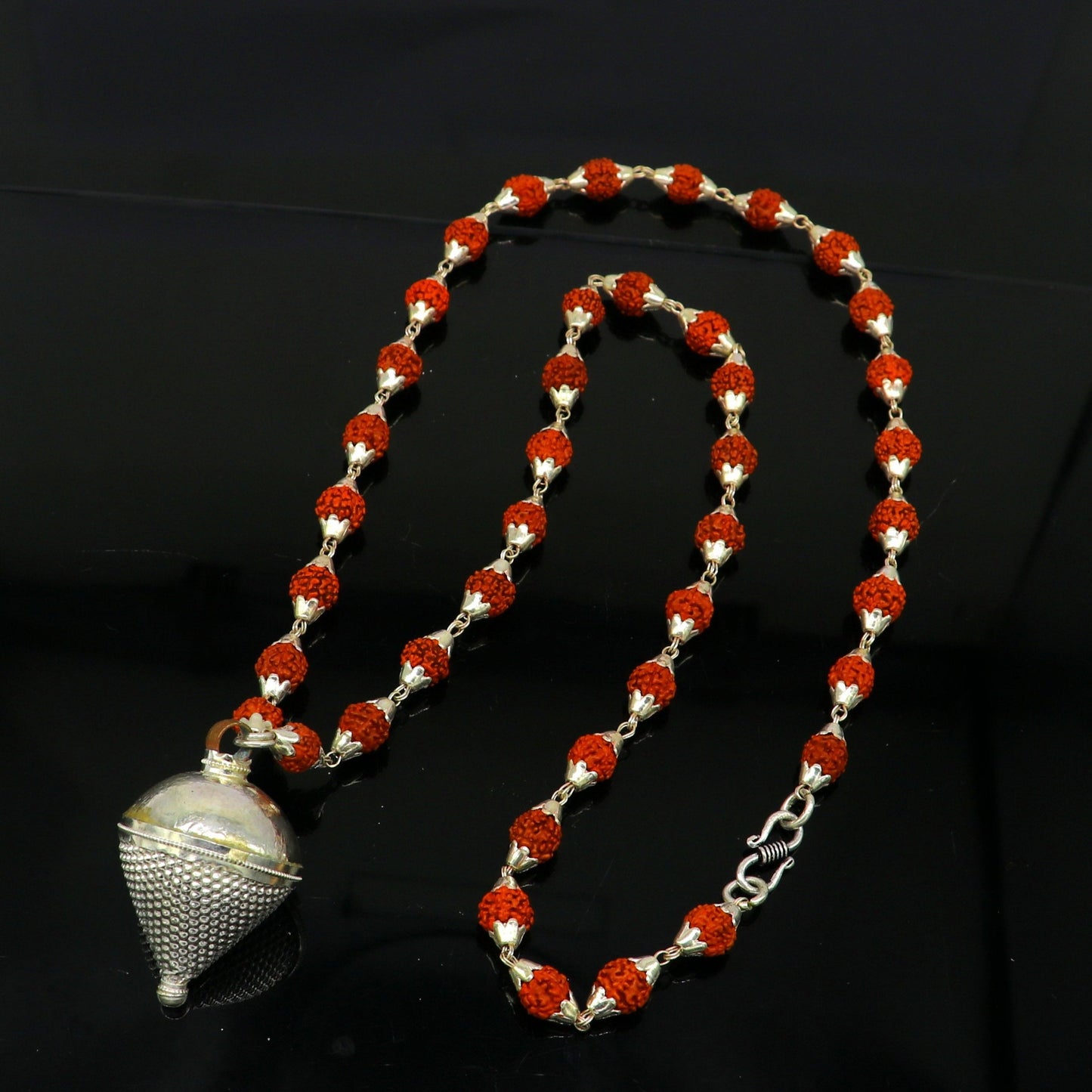 Vintage Sterling silver custom made Rudraksha chain necklace, excellent hanging silver wax ball pendant, unique style gifting jewelry set148 - TRIBAL ORNAMENTS