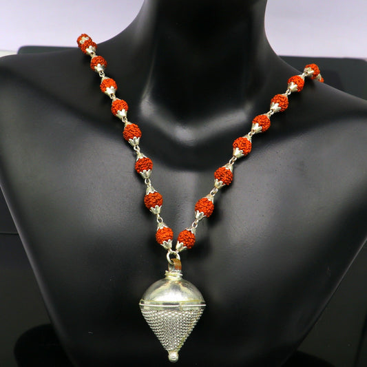 Vintage Sterling silver custom made Rudraksha chain necklace, excellent hanging silver wax ball pendant, unique style gifting jewelry set148 - TRIBAL ORNAMENTS