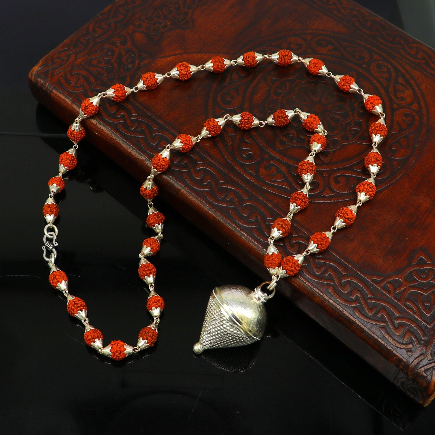 Vintage Sterling silver custom made Rudraksha chain necklace, excellent hanging silver wax ball pendant, unique style gifting jewelry set148 - TRIBAL ORNAMENTS