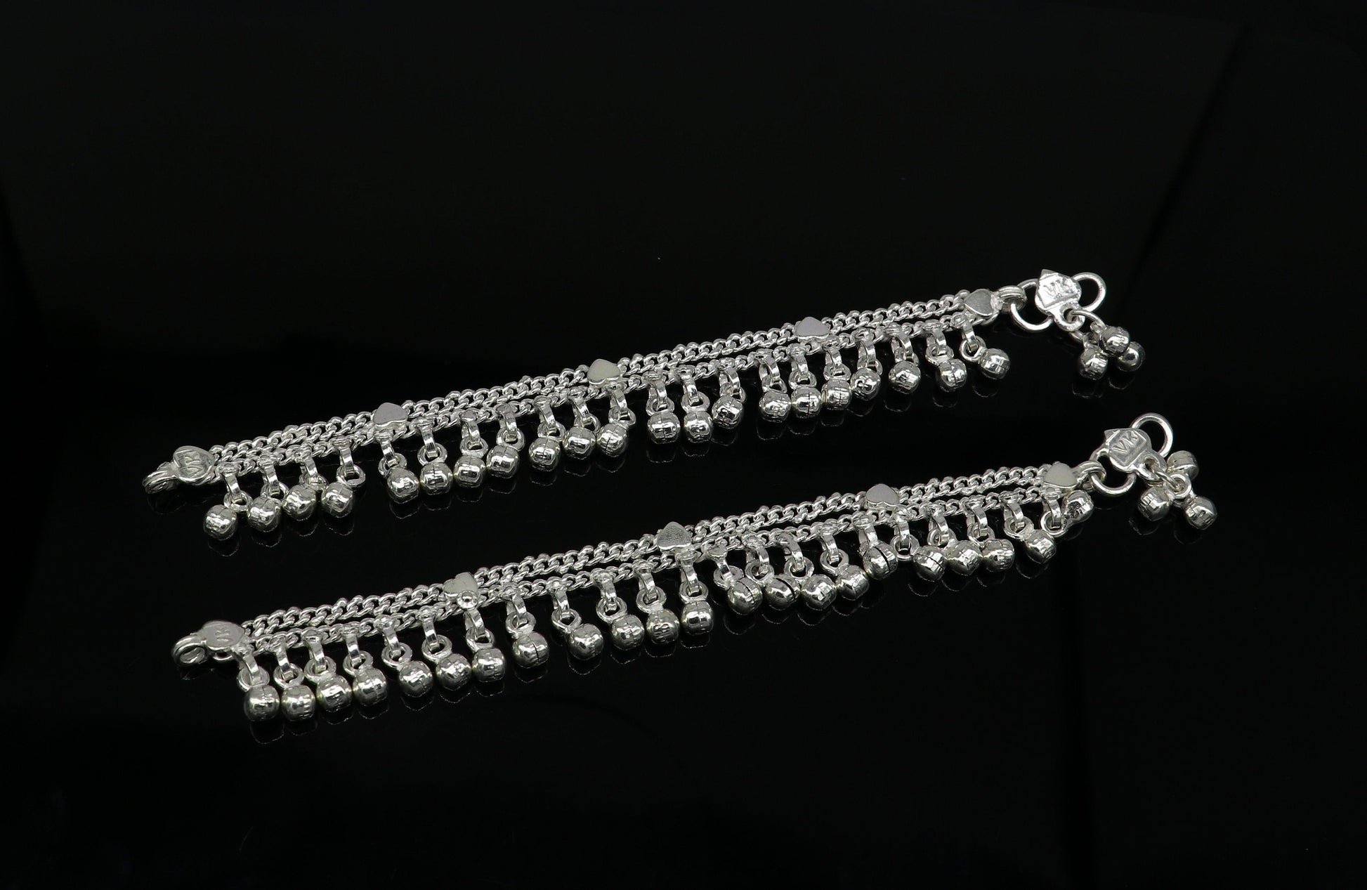Solid pure silver handmade flexible chain anklets, new born baby anklet with noisy hanging jingle bells, best gift for kids jewelry ank372 - TRIBAL ORNAMENTS