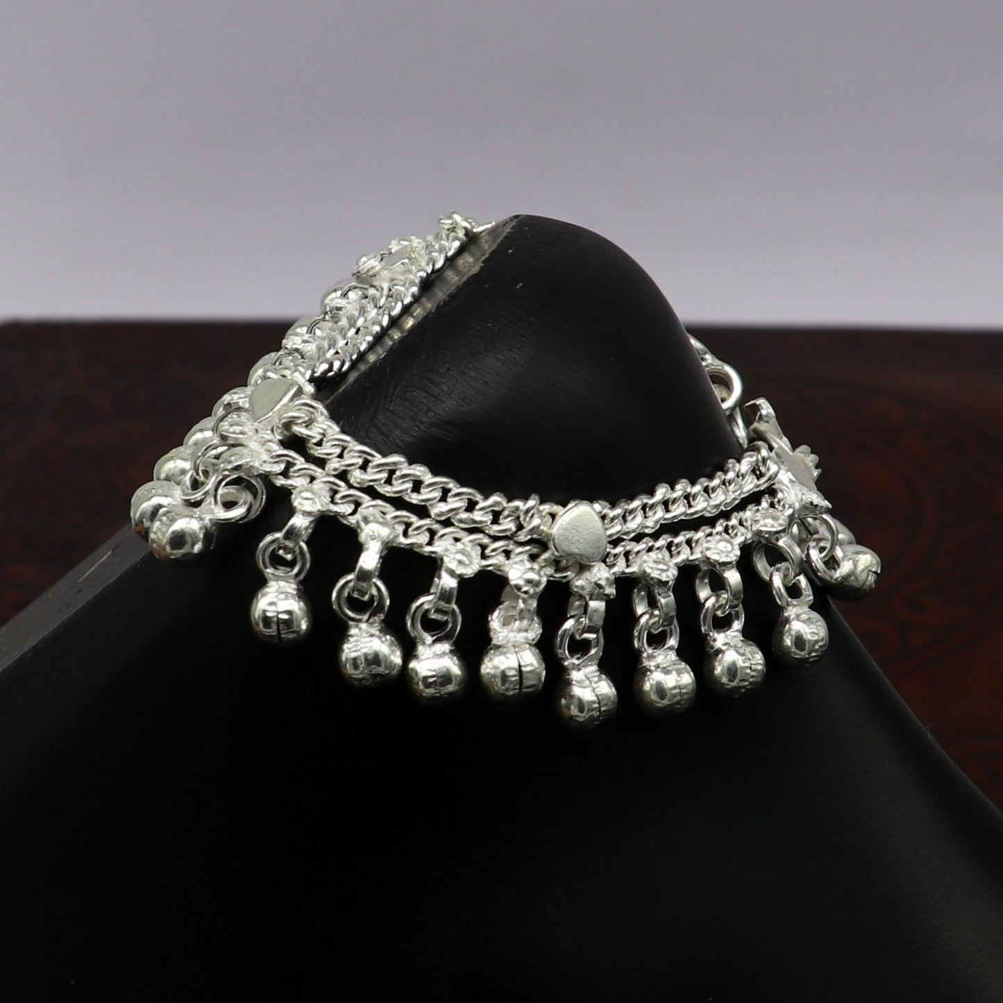 Solid pure silver handmade flexible chain anklets, new born baby anklet with noisy hanging jingle bells, best gift for kids jewelry ank372 - TRIBAL ORNAMENTS