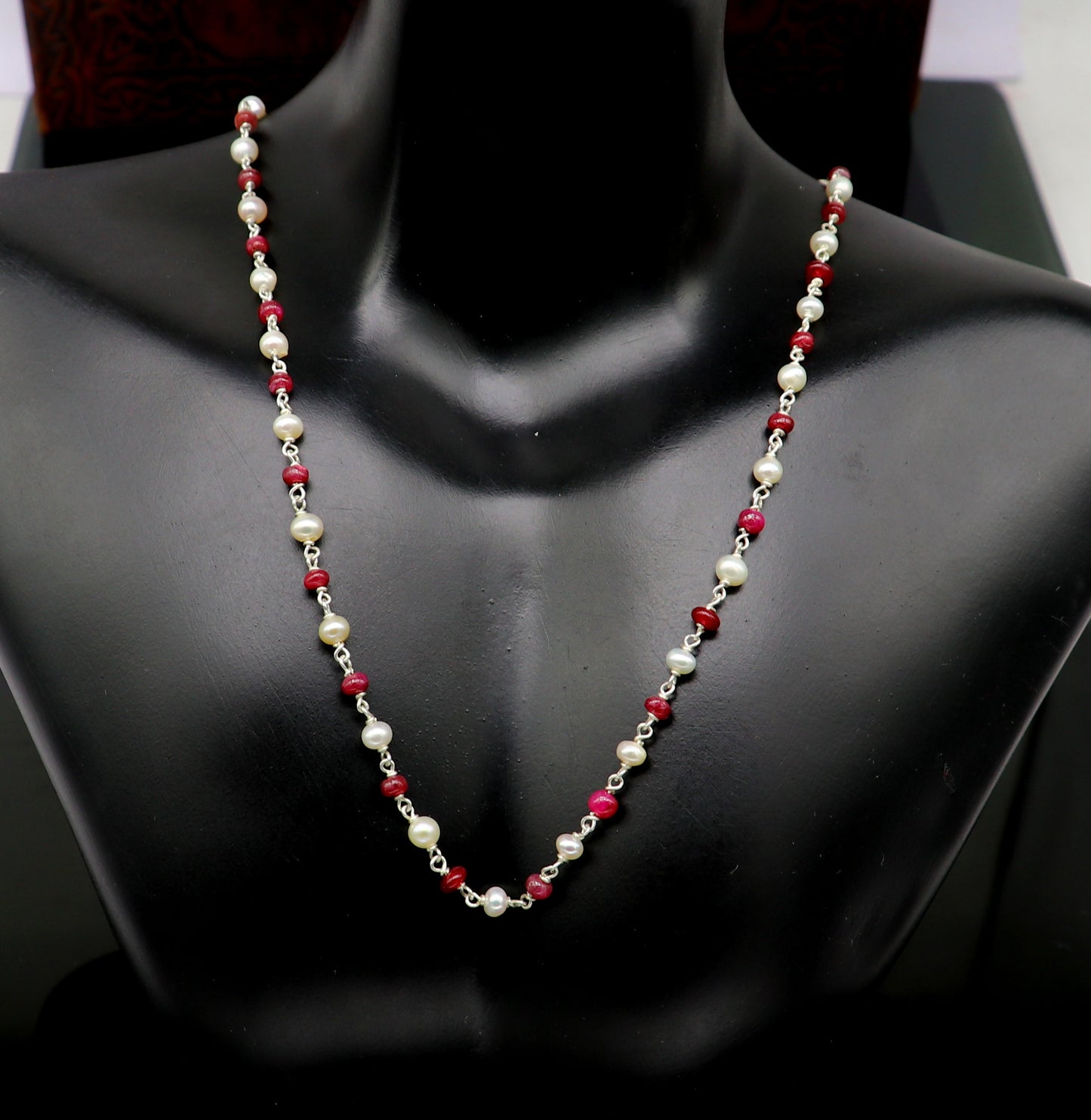 Elegant pearl and red stone custom made 925 sterling silver 16" long beaded necklace, gorgeous girl's women's daily use best gifting ch100 - TRIBAL ORNAMENTS