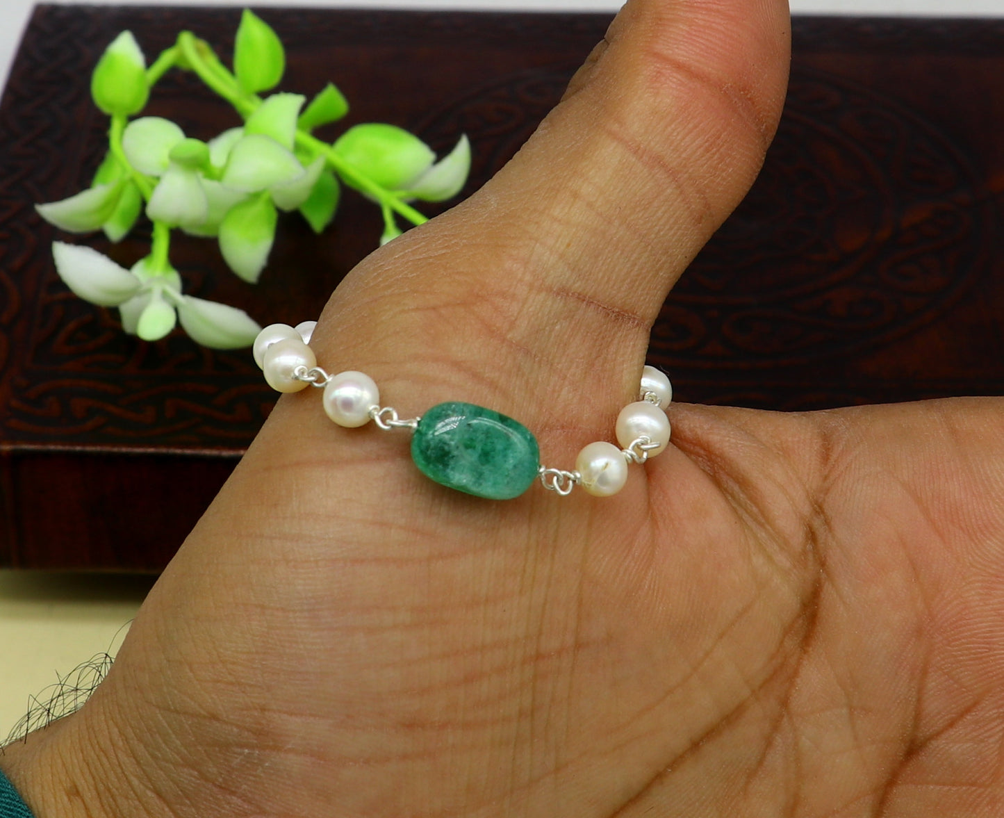 4.5 inches long handmade 925 sterling silver beaded bracelet, pearl and jade stone baby bracelet, unisex new born kids jewelry bbr5 - TRIBAL ORNAMENTS