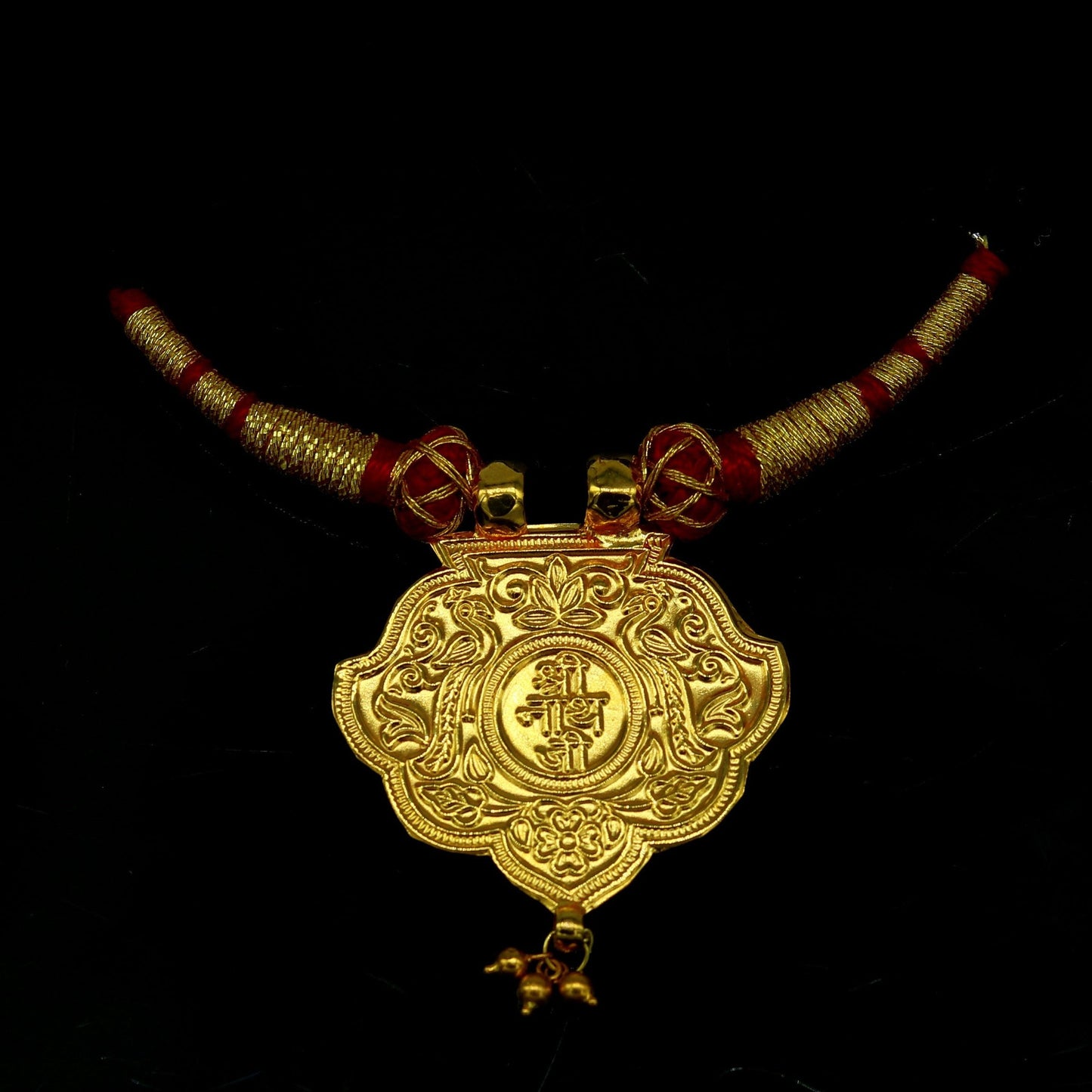 22kt yellow gold handmade vintage antique traditional "Ram nami" adjustable necklace, idol shrinath ji pendant gorgeous jewelry set72 - TRIBAL ORNAMENTS