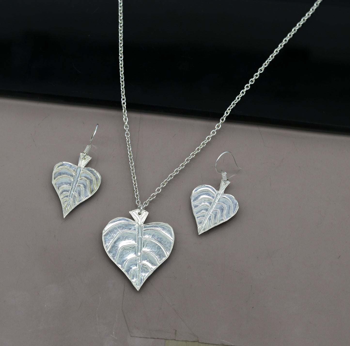 925 sterling silver heart shape peepal tree leaves pendant necklace and hoops earring customized brides jewelry, belly dance jewelry nec69 - TRIBAL ORNAMENTS