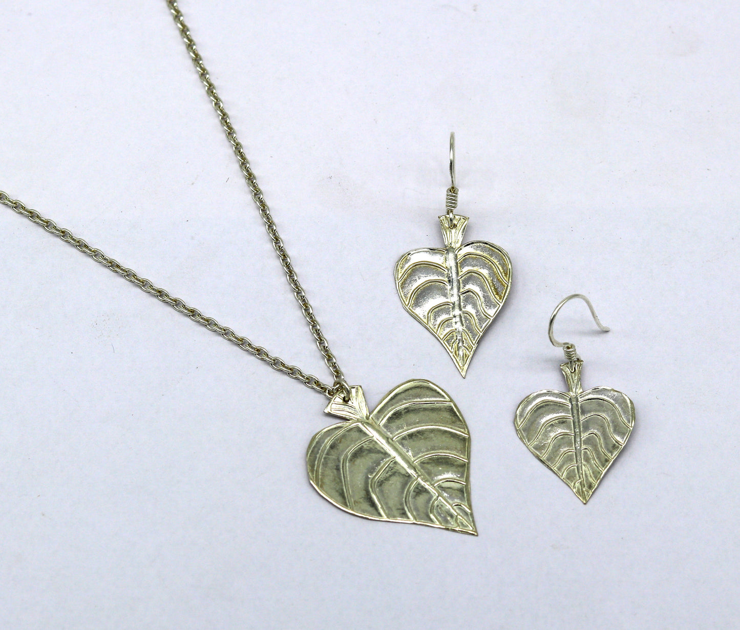 925 sterling silver heart shape peepal tree leaves pendant necklace and hoops earring customized brides jewelry, belly dance jewelry nec69 - TRIBAL ORNAMENTS