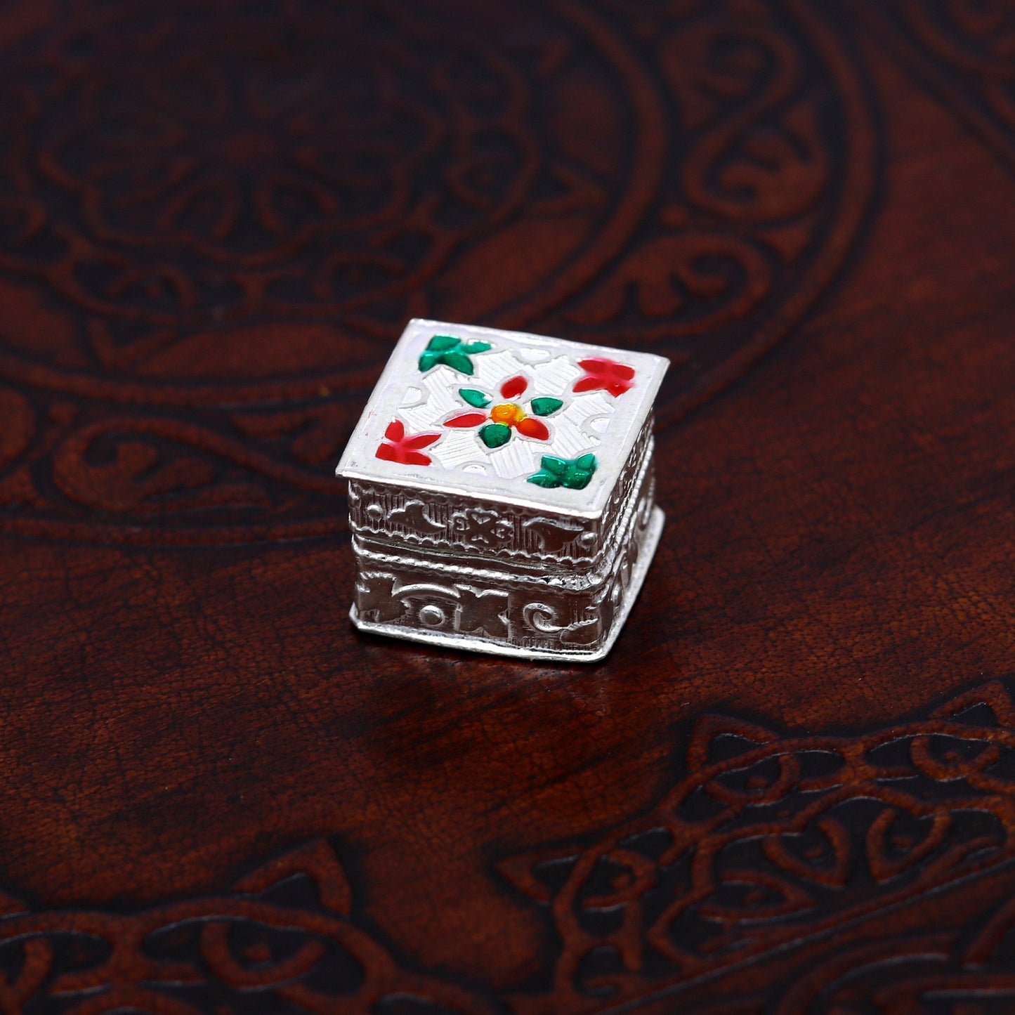 925 sterling silver handmade gorgeous small trinket box, floral enamel work casket box, mini gifting container box, silver article stb78 - TRIBAL ORNAMENTS