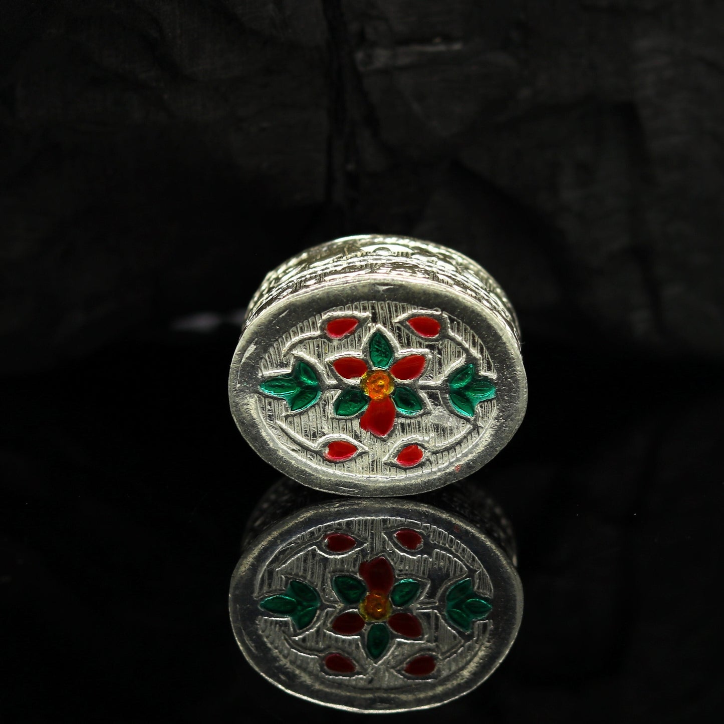 925 sterling silver handmade gorgeous oval shape small trinket box, floral enamel casket box, gifting container box, silver article stb76 - TRIBAL ORNAMENTS