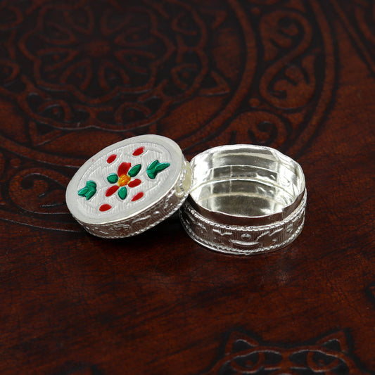 925 sterling silver handmade gorgeous oval shape small trinket box, floral enamel casket box,  gifting container box, silver article stb76 - TRIBAL ORNAMENTS