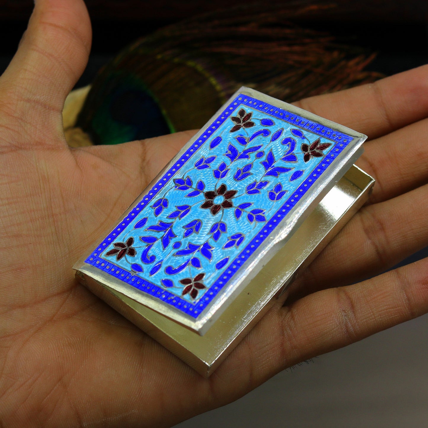 Handmade pure silver 925 sterling silver floral enamel work customize trinket, jewelry box, pills box, silver utensils brides gift stb29 - TRIBAL ORNAMENTS